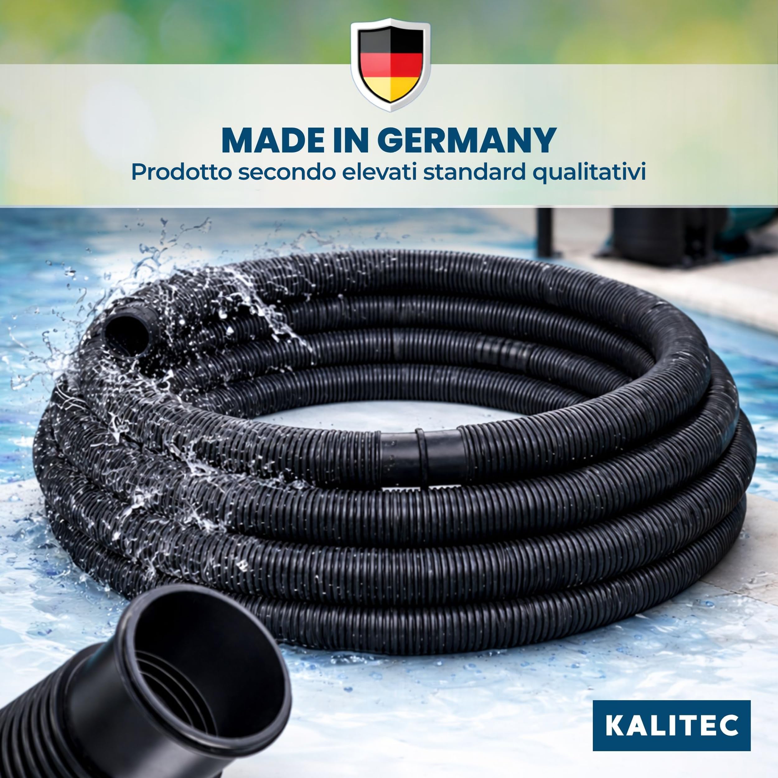 Kalitec Tubo per Piscina 38mm 15m Nero - Tubo Flessibile per Pompa e | Tubo corrugato in polietilene resistente ai raggi UV e cloro, divisibile ogni 1,5m per skimmer e aspiratore piscina