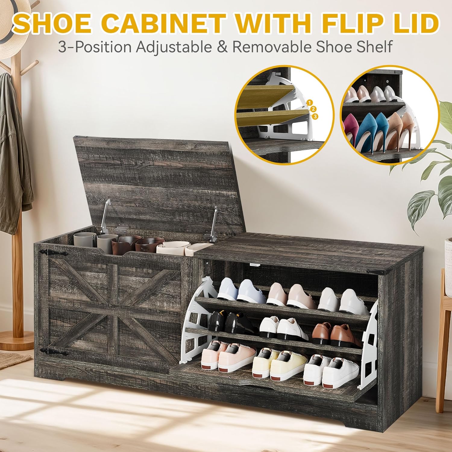 DWVO Shoe Storage Bench, 55" L Shoe Cabinet with 3 Flip Drawer & Flip-Top Storage, Farmhouse Modular Tilt-Out Organizer for Entryway, Mudroom, Bedroom