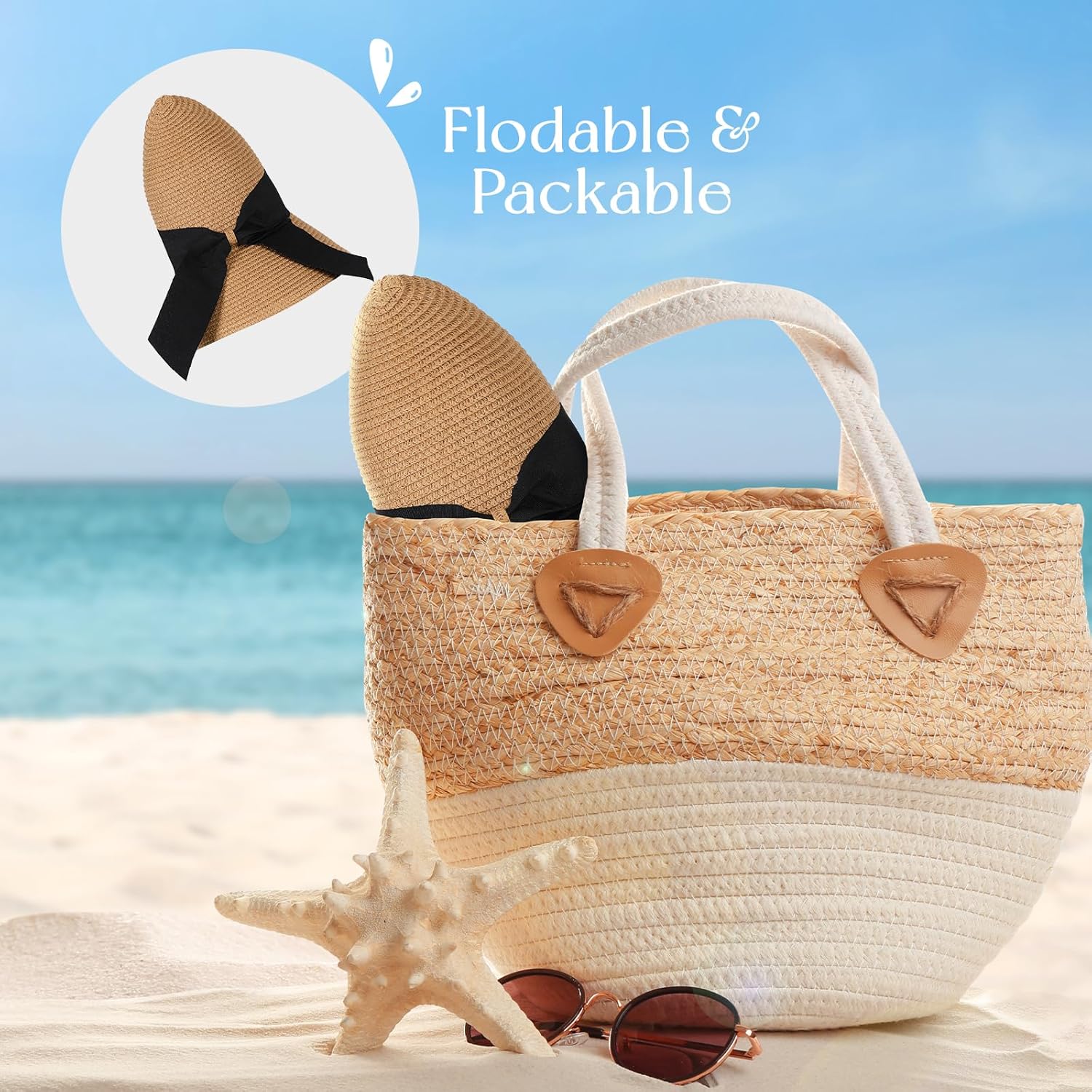 Beach Sun Straw Hats for Women, UPF 50+ UV Sun Protection Wide Brim Summer Straw Hat Foldable Packable Roll up Cap - Image 4