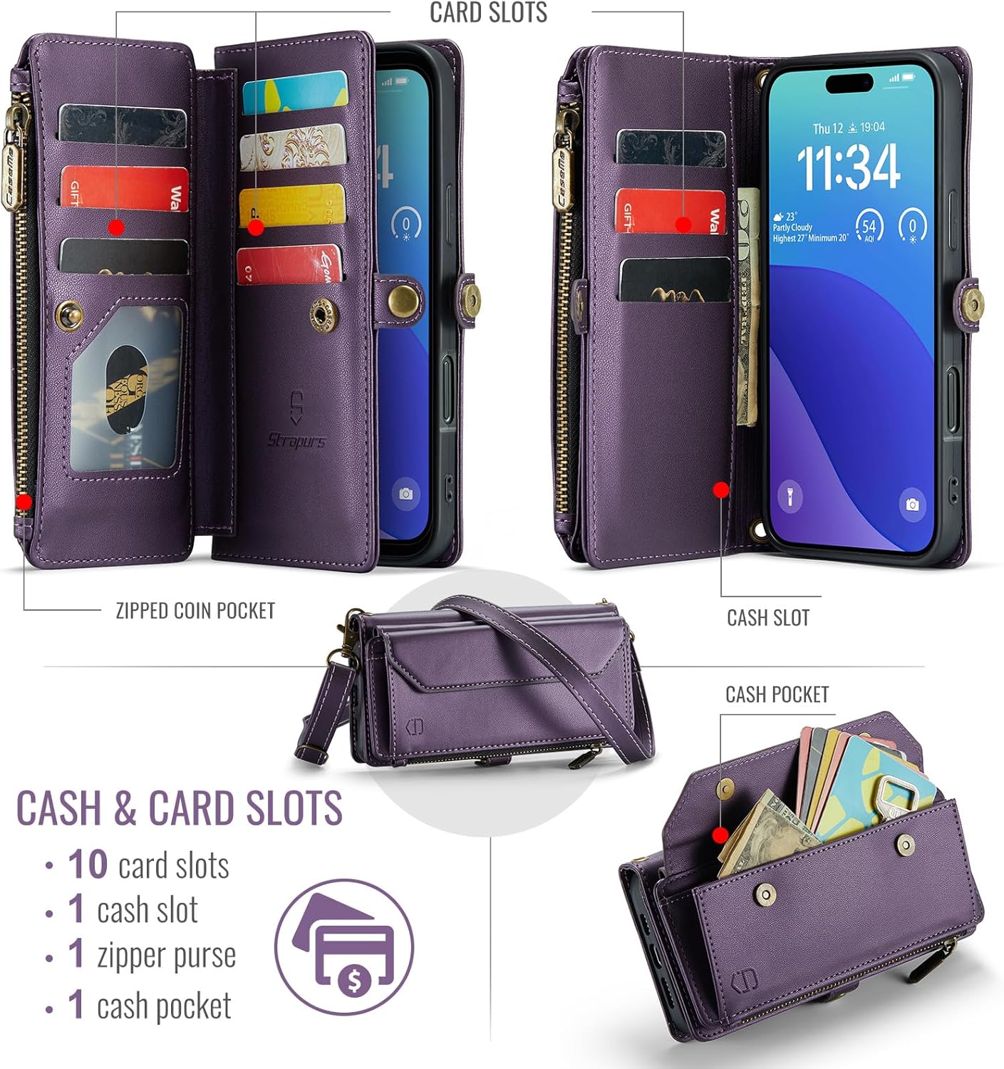 Wallet Case Compatible with iPhone 16 Pro 6.3" RFID Blocking 10-Card Holder Soft PU Leather Magnetic Snap Shoulder Strap Zipper Pocket Phone Case Fit for iPhone 16 Pro for Women - Purple - Image 2
