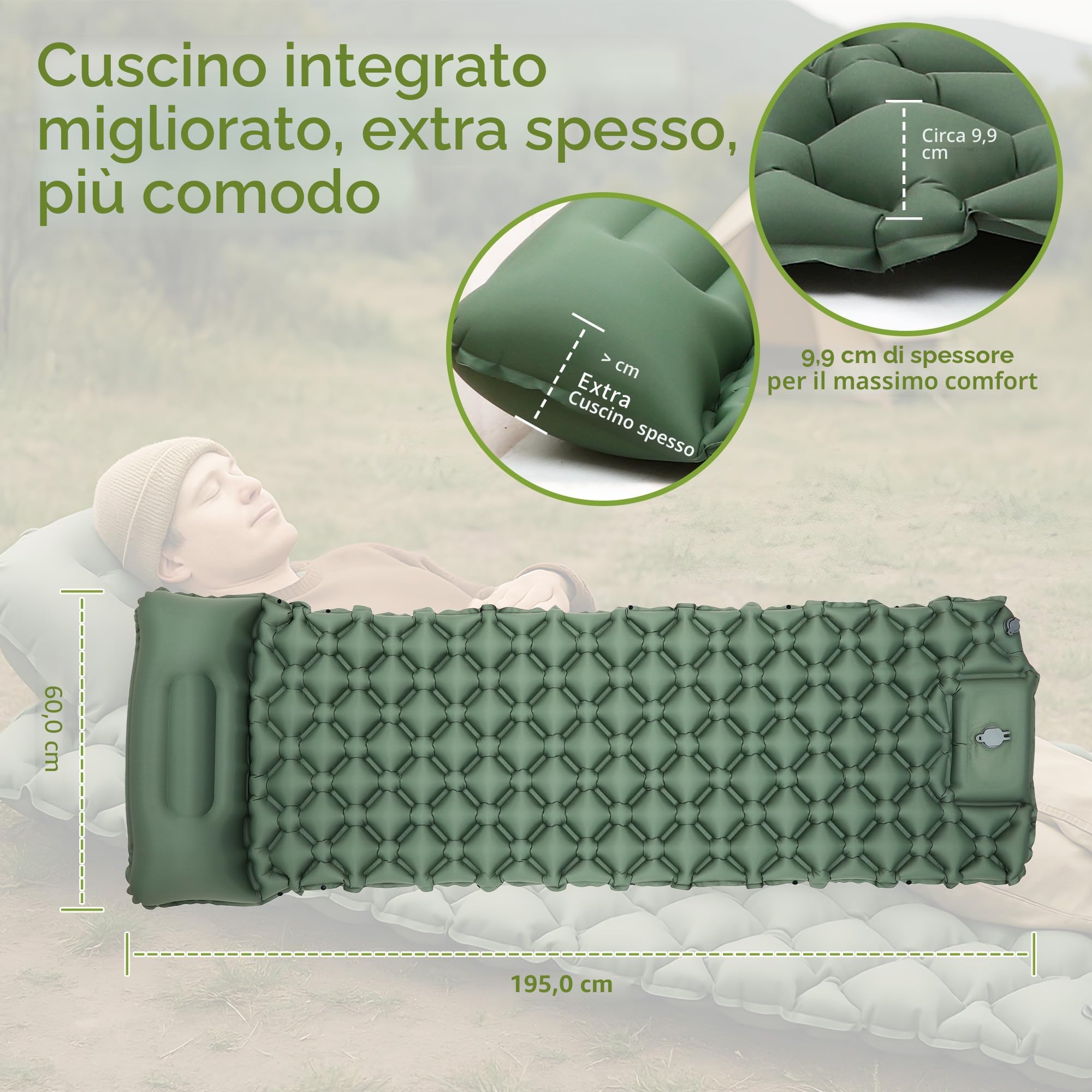 Materassino da campeggio, Materassino Autogonfiante, Materassino gonfiabile campeggio pompa a pedale, Materasso gonfiabile singolo, Materassino campeggio per Campeggio,Spiaggia, Escursionismo
