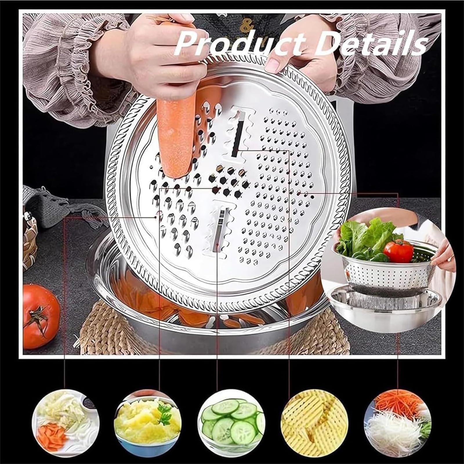 GERMANY DESIGNED 5in1 Multifunktionales Edelstahl Becken Set mit Reibe, Sieb, Abflusskorb & Salatbereiter - Premium Küche Rührschüssel für Gemüse, Obst und Nudeln