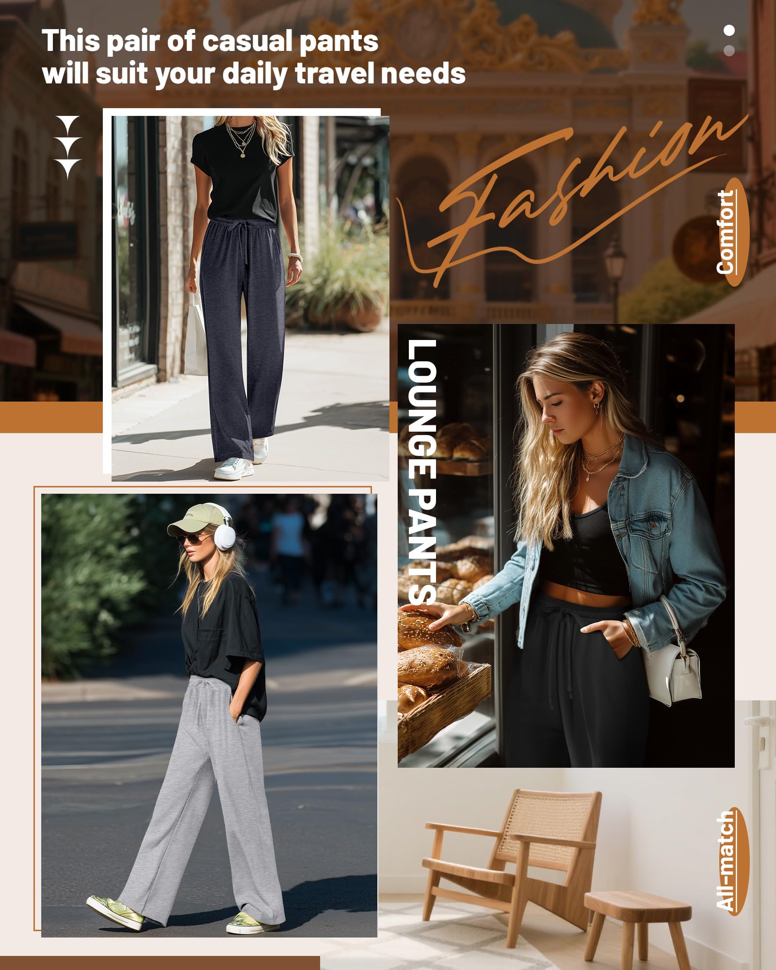 Neer 3er-Pack Damen-Jogginghosen mit Taschen, weitem Bein, bequemer, Dicker Loungewear, Kordelzug, lässiger, lockerer Stil