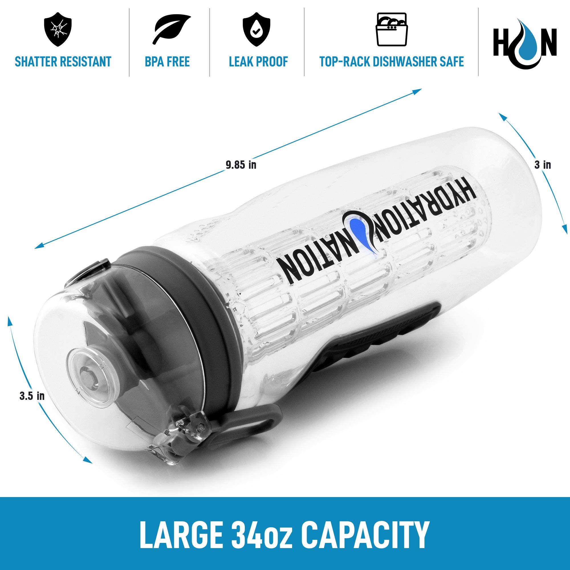 Hydration Nation Butelka na wodę z zaparzaczem do owoców 975 ml – butelka na wodę bez BPA z podwójnym antypoślizgowym uchwytem i klapką górną – butelka na wodę oznaczona godziną z prętem do zaparzania owoców do domu i na zewnątrz (czarna)