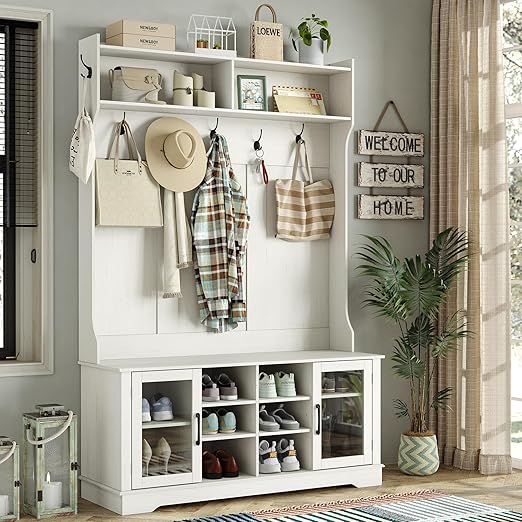 Hall Tree, Off White Entryway Bench with Coat Rack, 10 Shoe Storage & 7 Coat Hooks & Adjustable Shelf, Glass Door Farmhouse Wooden Style Hall Tree with Shoe Storage Bench
