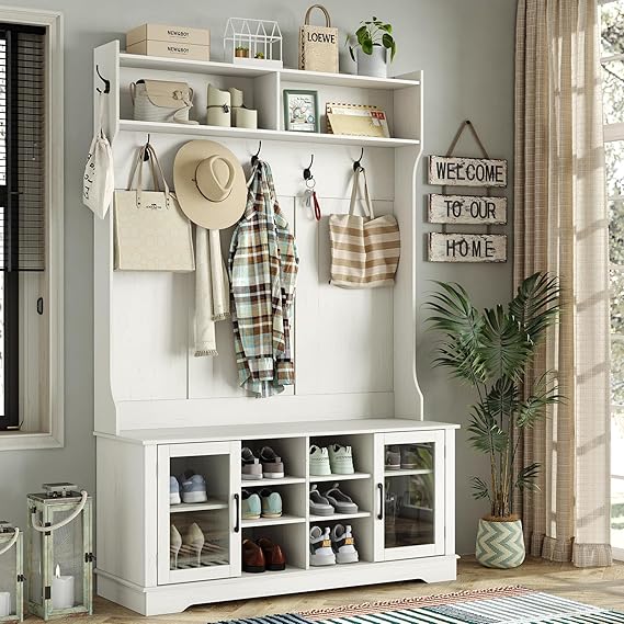 Hall Tree, Off White Entryway Bench with Coat Rack, 10 Shoe Storage & 7 Coat Hooks & Adjustable Shelf, Glass Door Farmhouse Wooden Style Hall Tree with Shoe Storage Bench