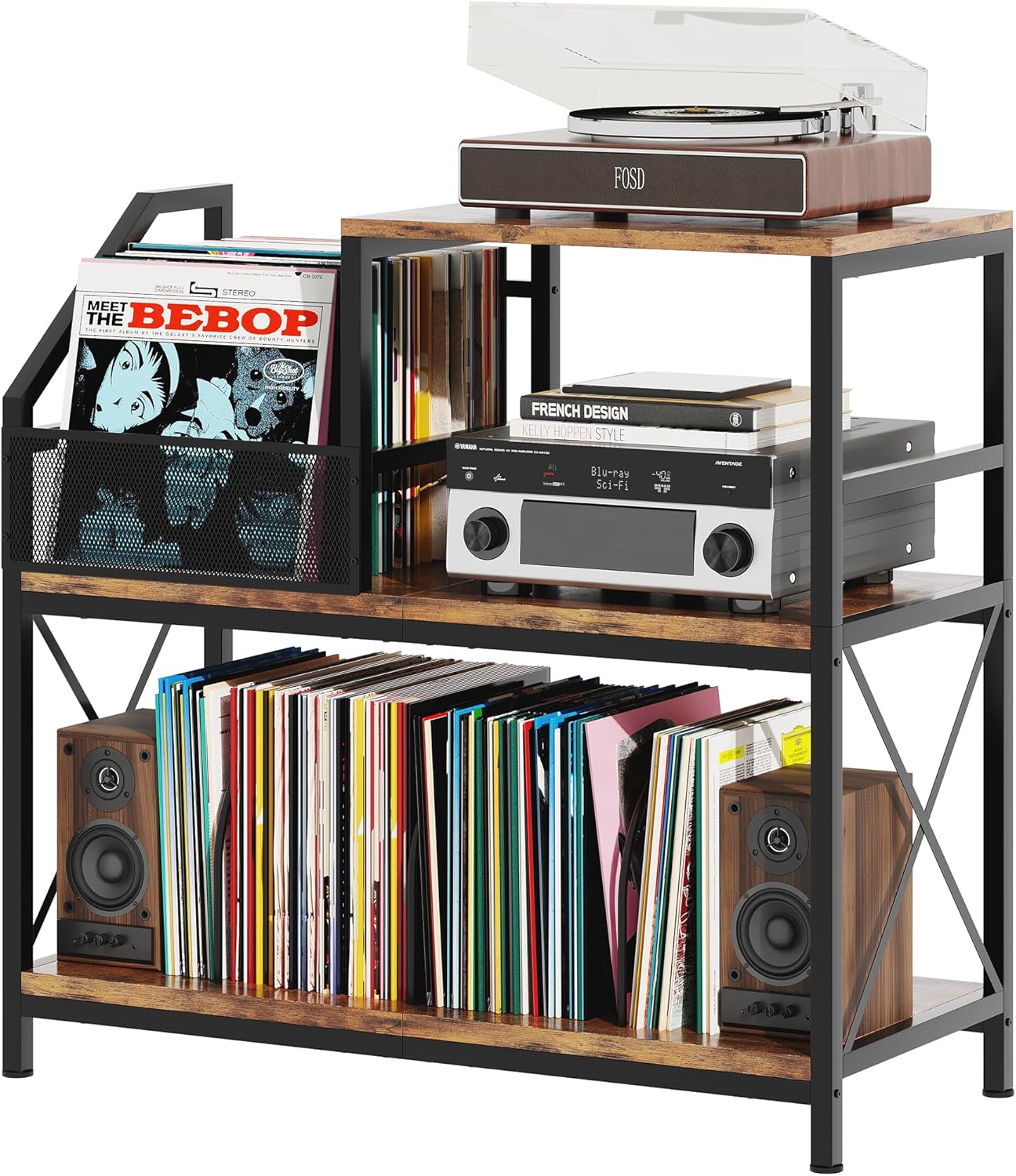 Record Player Stand, Turntable Stand with 3 Adjustable Divider Holds up to 300 Albums, Vintage Record Player Table with Vinyl Record Holder, Record Cabinet for Living Room, Bedroom, Office