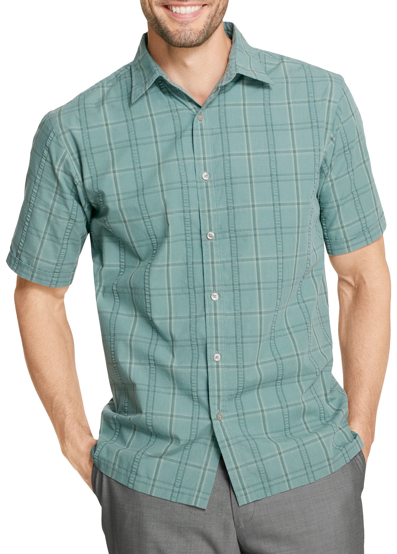 Van Heusen Men's Short Sleeve Wide Plaid Pucker Button Down