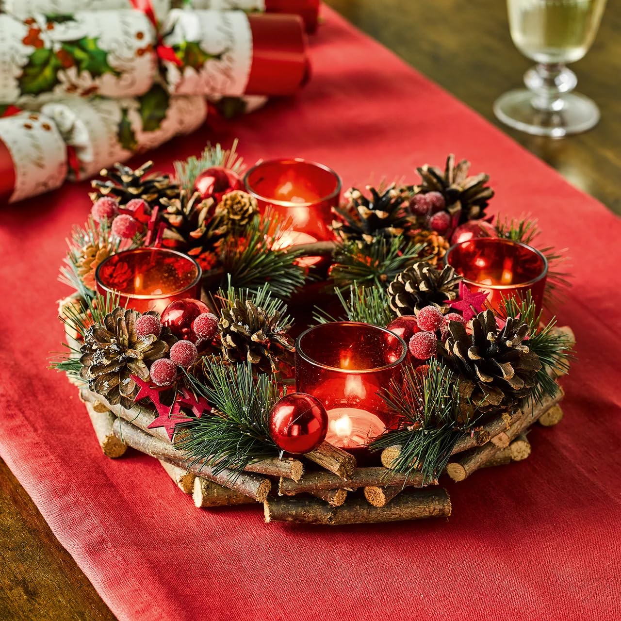 Festive Candleholder Centrepiece With 4 Led CandlesRound Frosted Christmas Xmas Tealight Holder Table Decoration30Cm Dia from B&Q
