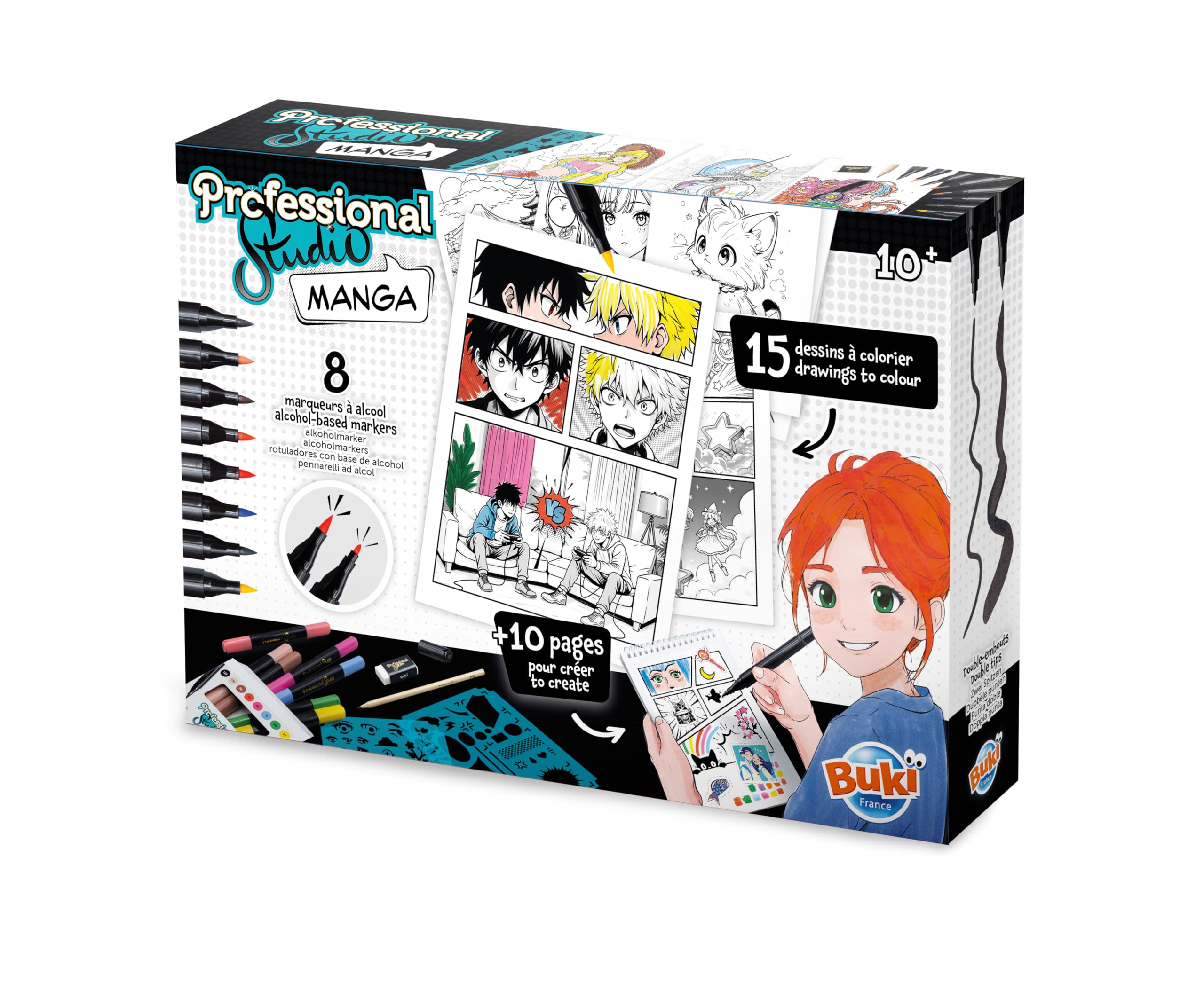 Buki Professional Studio Manga Drawing Kit - Manga Book with 8 Alcohol Based Markers – 25 Detachable Sheets - 15 Colouring Pages & 10 Blank, Pencil, Eraser, Stencils & Stickers, Teen Colouring