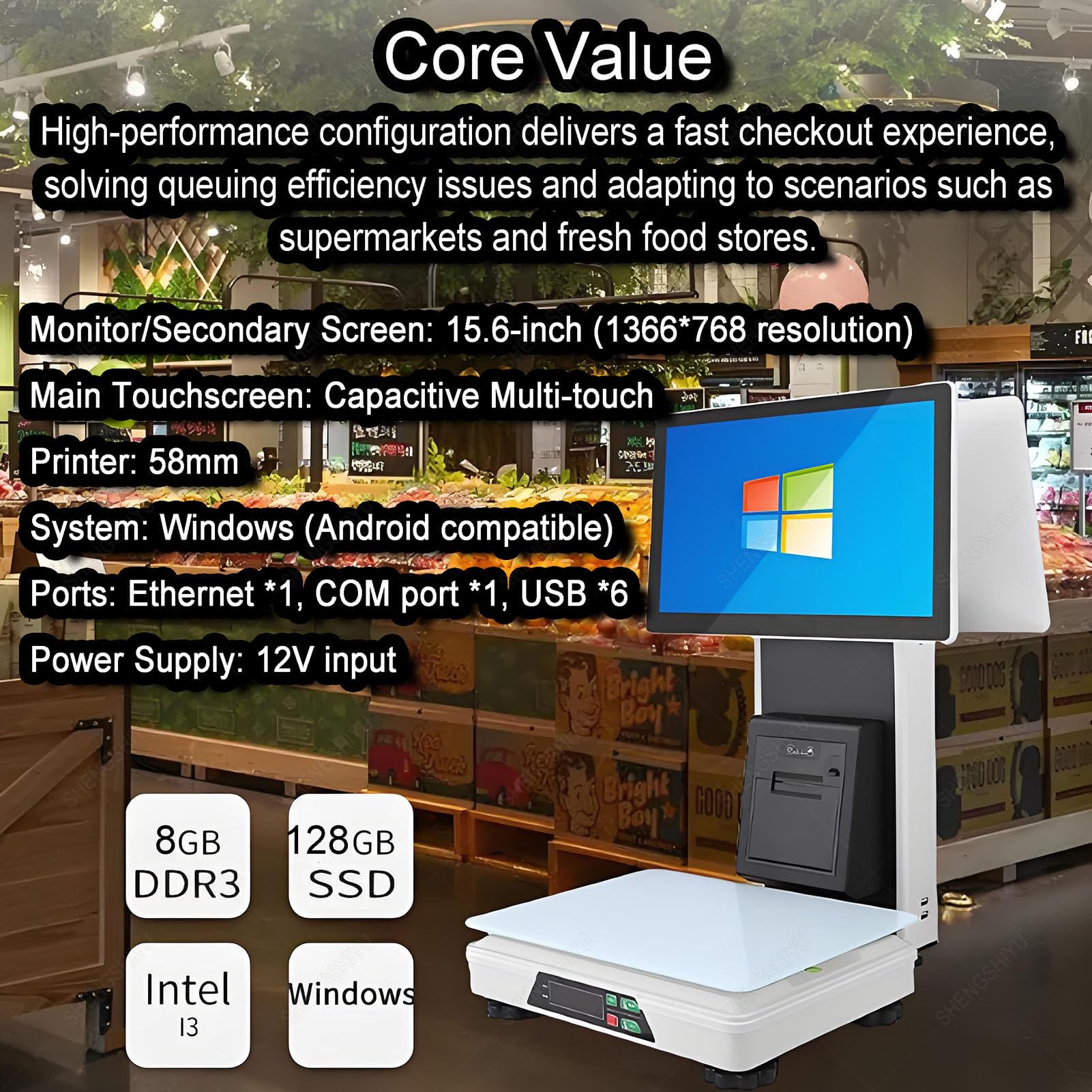 Caisse Enregistreuse Professionnelle avec Ports Multiples,Écran HD 15,6 Pouces,8GB+128GB,Angle D'écran Réglable,Balance de Caisse Enregistreuse avec Imprimante 58mm