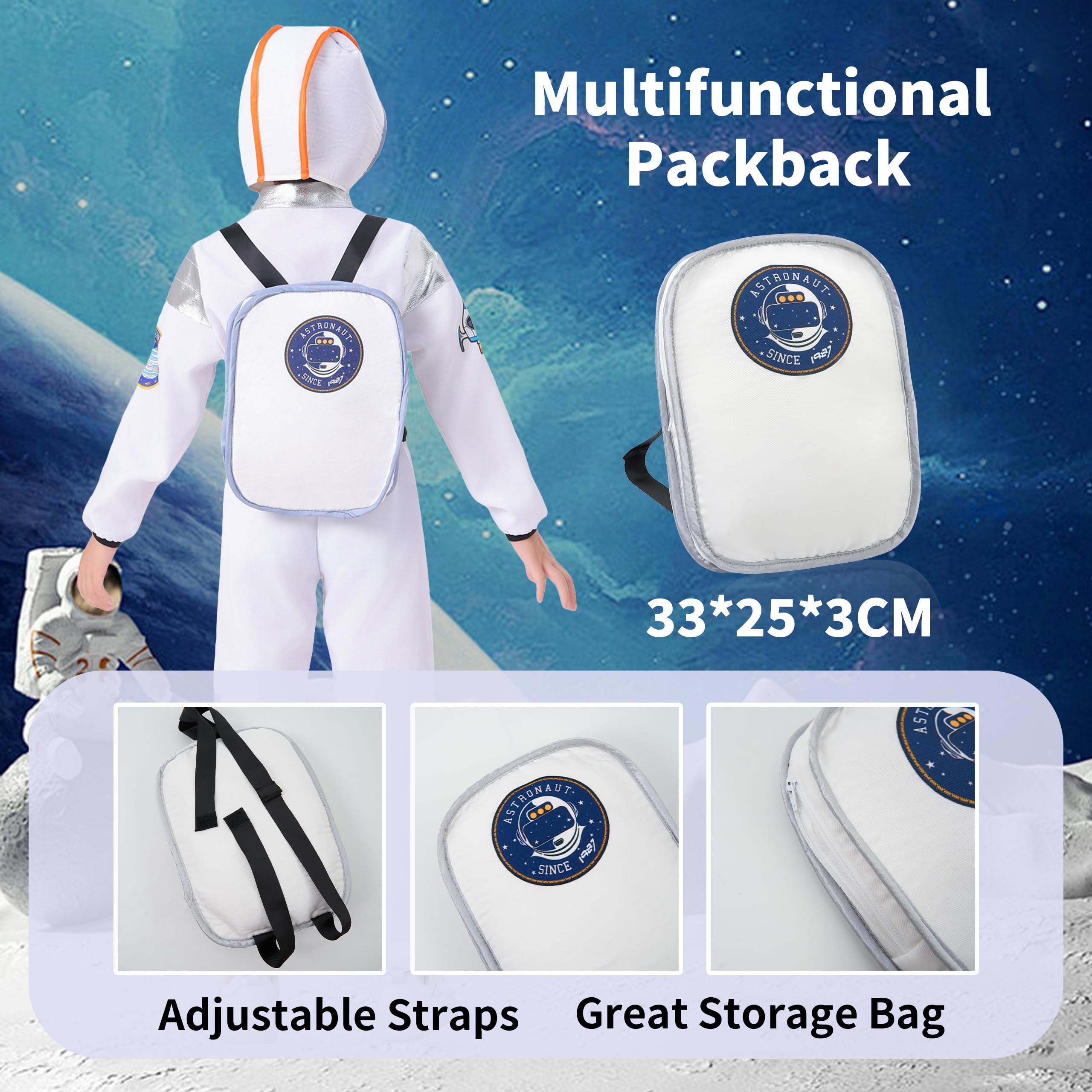 LOLANTA Kids Astronaut Costumes Children's Space Pretend Role Play Jumpsuit with Astronaut Helmet and Backpacks World Book Day Fancy Dress Halloween Party Costume - Image 3