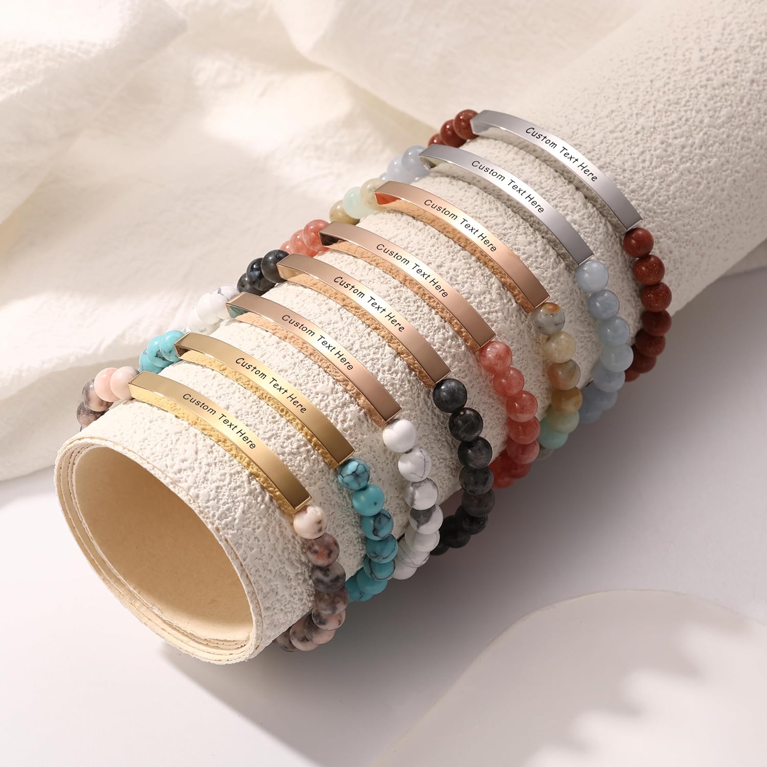 MeMeDIY Personalized Bracelets for Women Natural Stone Stretch Bracelet Stainless Steel Bar Engraved Name Inspirational Message 7.5" Beaded Stretch Bracelet - Image 4