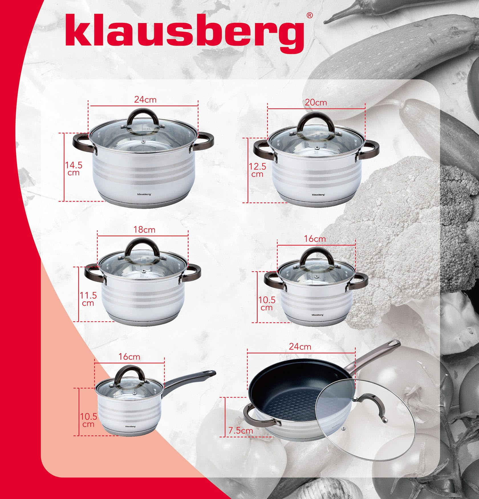 12-częściowy zestaw garnków ze szklaną pokrywką garnki indukcja KLAUSBERG KB-7702