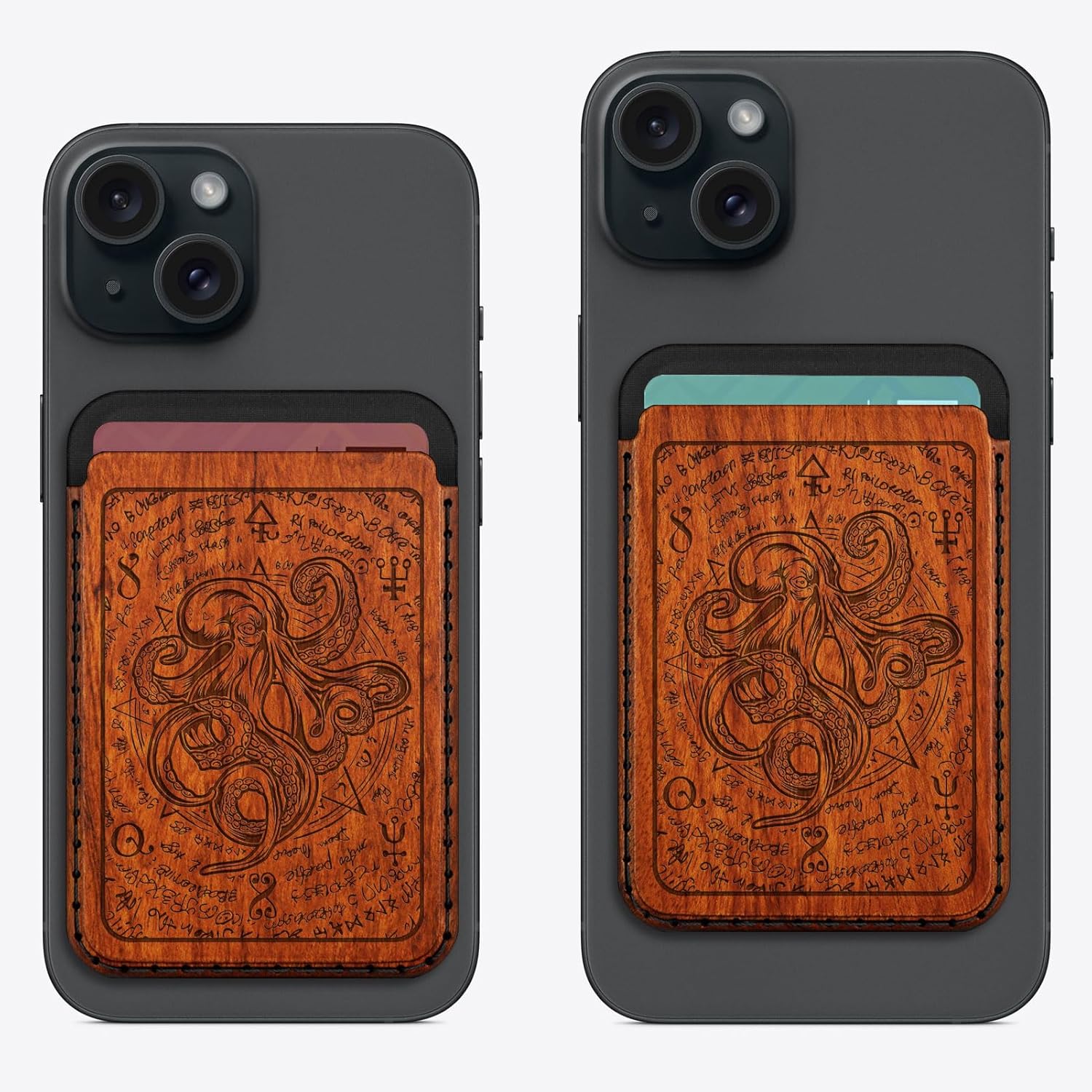 Carveit Designer Wood Wallet, Compatible with MagSafe Wallet, Magnetic Card Holder for iPhone 12/13/14/15/16 Pro Max, for Galaxy S22/S23/S24 Ultra, Pixel 7/8/9 Pro (Octopus - Rosy Wood)