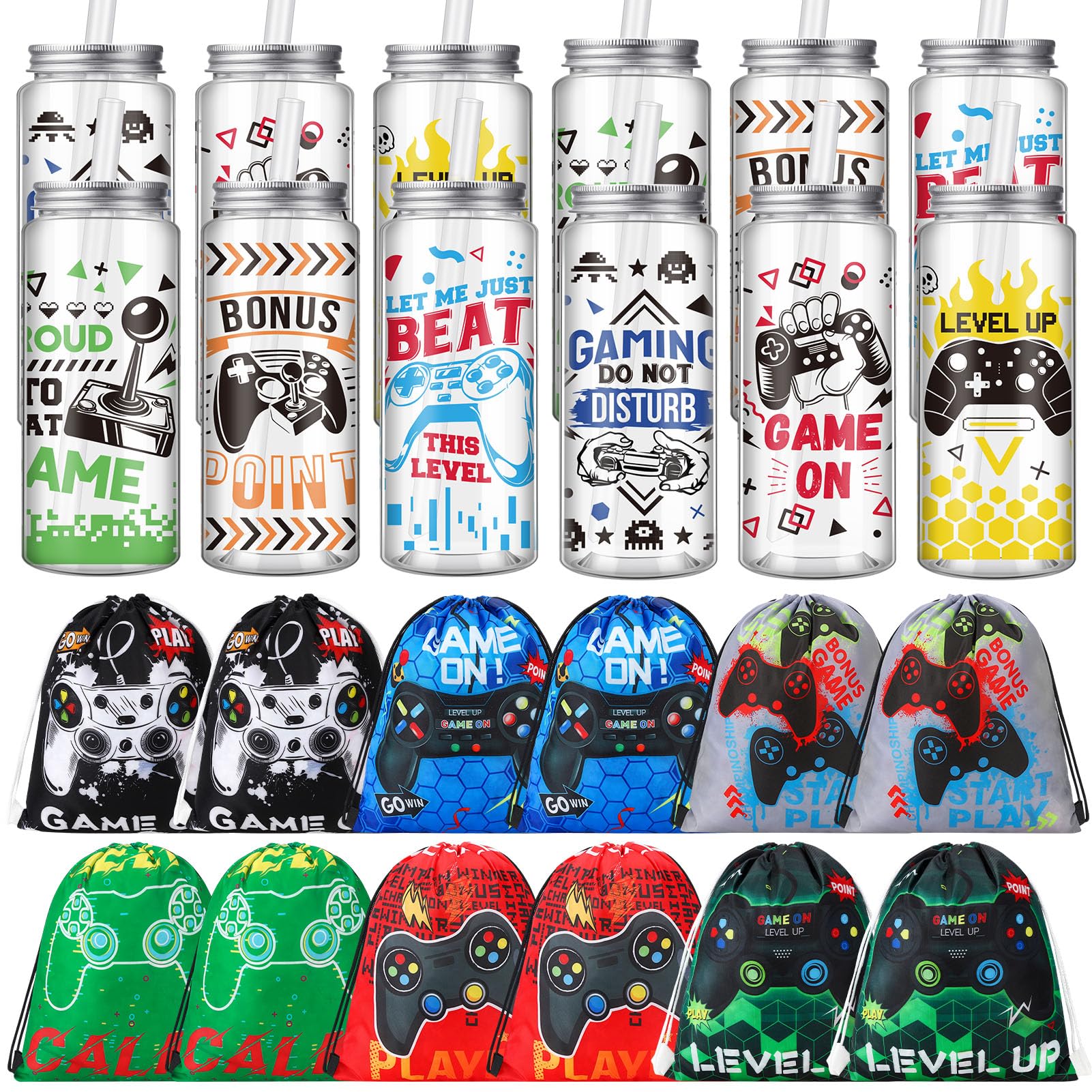 Ovveroche 24 Pcs Video Game Party Favors, 12 Pcs Video Game Plastic Cups with Lids and Straws,12 Pcs Gamer Party Drawstring Bags, Reusable Cups