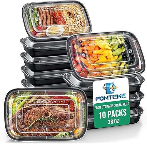 Fonteme Recipiente de preparación de comidas de 38 onzas con tapas, paquete de 10 recipientes desechables para almacenamiento de alimentos, sin BPA,