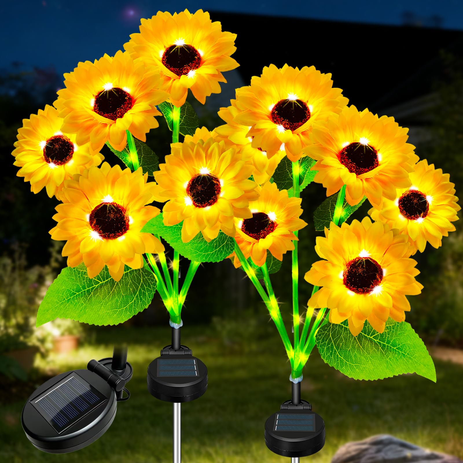 TOTHDATE 2PCS Solar Sunflower Stake Light, 55 LEDs Warm White Light Solar Pathway Sunflower Lights IP44 Waterproof for Yard Garden Pathway Patio Decor