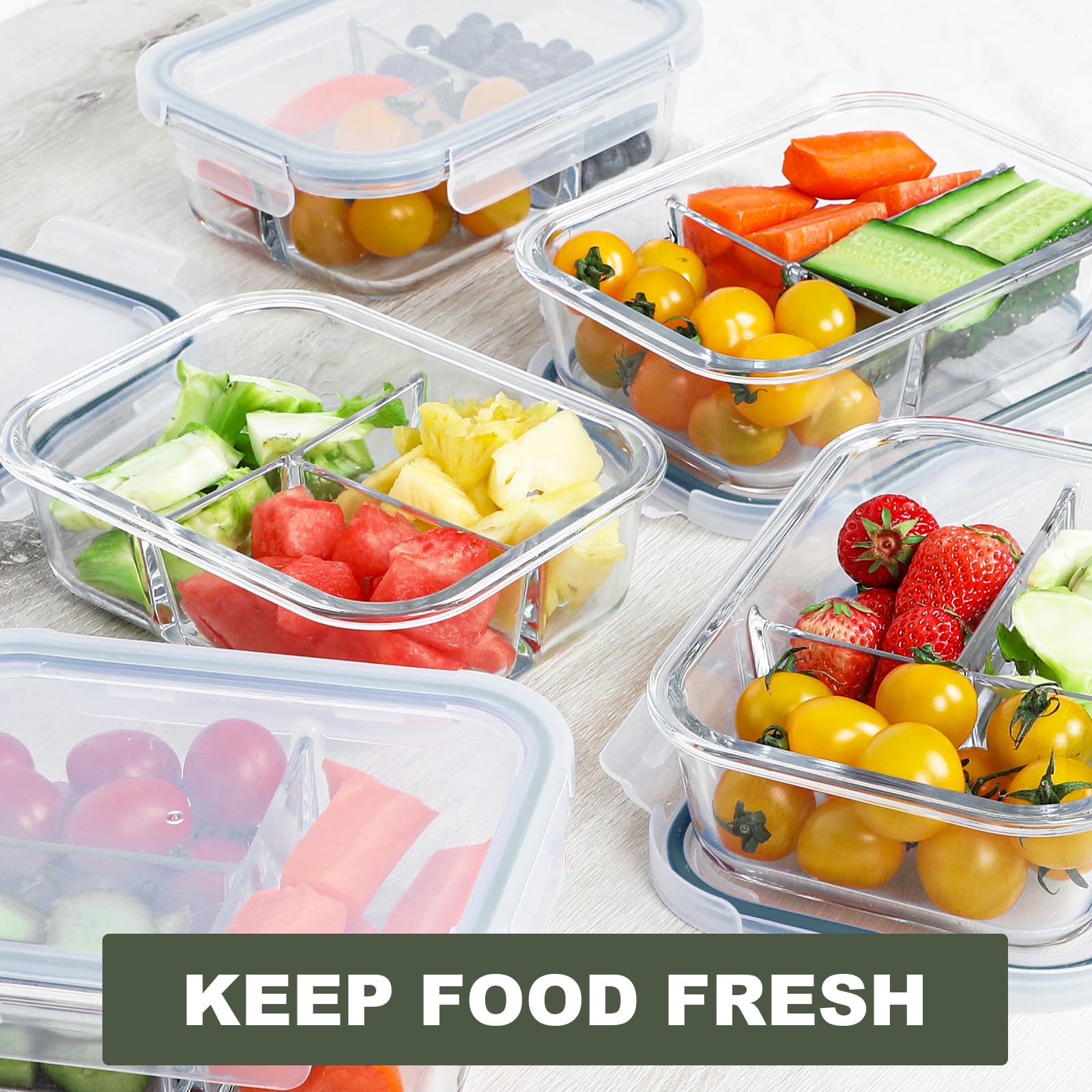 BAYZZ Paquete de 5 recipientes de vidrio de 35 onzas para preparación de comidas, 3 compartimentos, recipientes de vidrio para almacenamiento de alimentos con tapas, caja bento hermética, recipiente