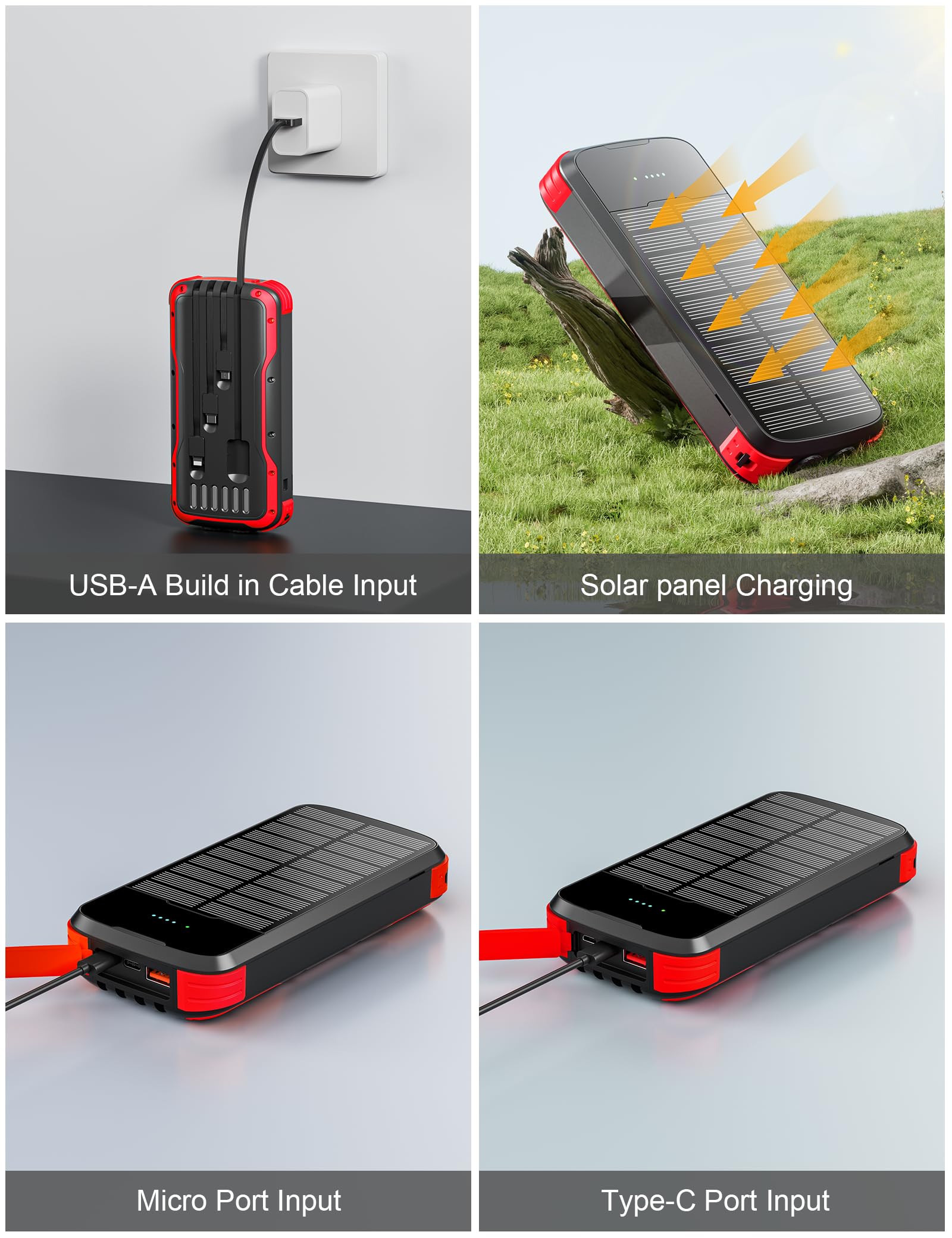 MINRISE Cargador de banco de energía solar, cargador de teléfono portátil de 40000 mAh integrado en 4 cables con entrada y salida USB C, cargador portátil de carga rápida PD de 20 W, batería externa