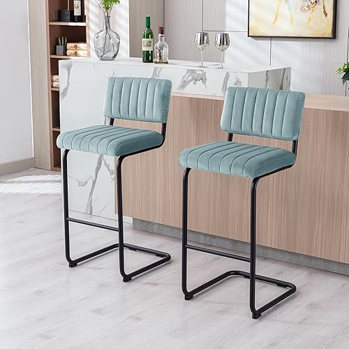 Miniatura 5 de ONEVOG Taburete de bar de 26 pulgadas, taburetes de bar modernos de altura de mostrador, taburetes de bar blancos con Boucle Farbic y base de metal