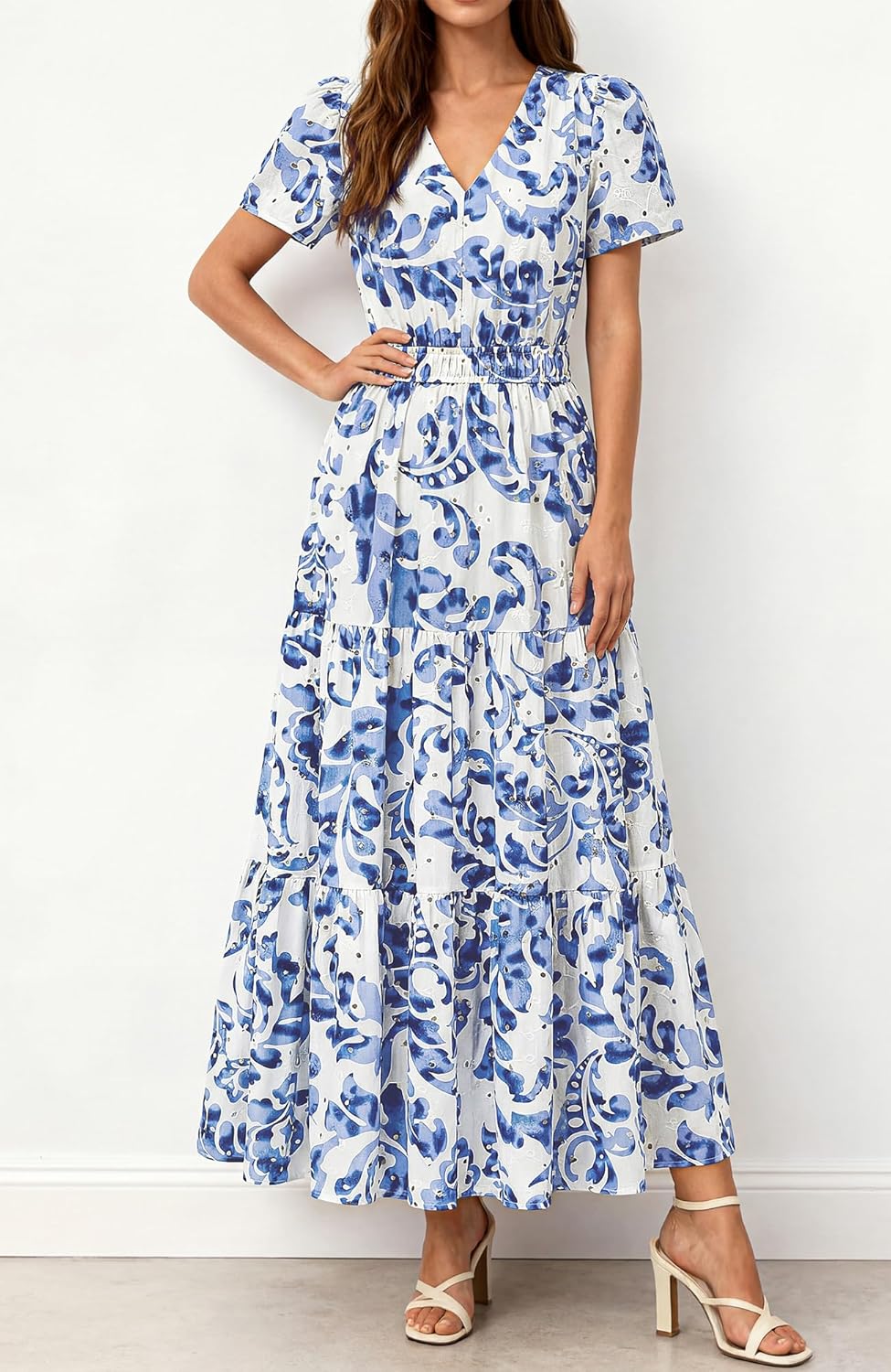 BTFBM Womens Summer Dresses 2026 V Neck Hollow Out Eyelet A Line Flowy Boho Beach Vacation Wedding Guest Maxi Dress - Image 3