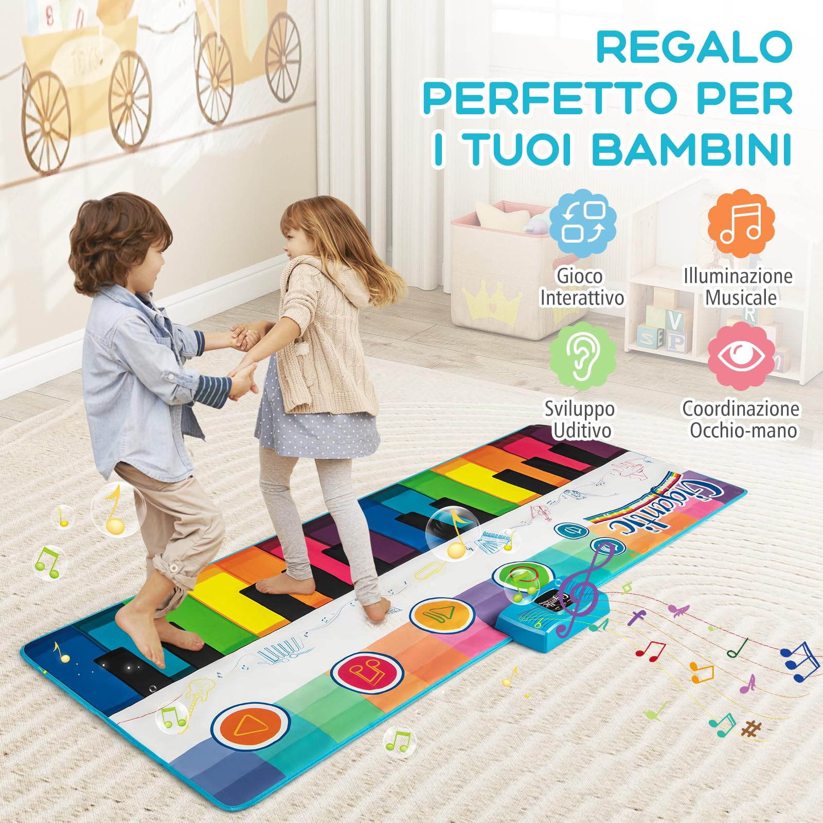 GYMAX Tappeto Pianoforte da 181 CM, Grande Tappeto da Ballo con Pianoforte a Tastiera con 24 Tasti, 8 Suoni di Strumenti, 10 Canzoni, Riproduzione e Volume Regolabile, per Bambini 3+ Anni