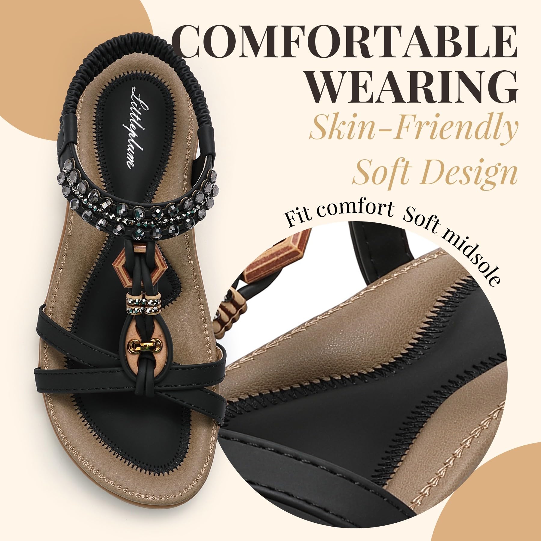 Littleplum Sandalen Damen Sommer Flache Sandalette Bohemia Sandals mit Strass Perlen Freizeit Damen Strand Schuhe Sandalen
