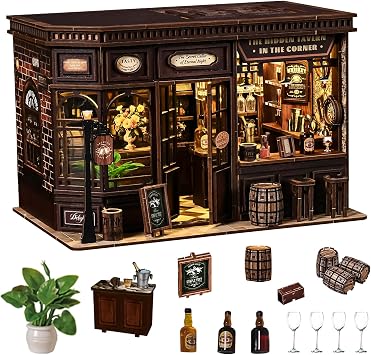 Spilay Miniature House Kits for Adults, Vintage Corner Tavern Dolls House | with LED Light, 3D Wooden Puzzle Model, House Decor for Desk and Bookshelf, Relaxing Craft Project, Creative Gift