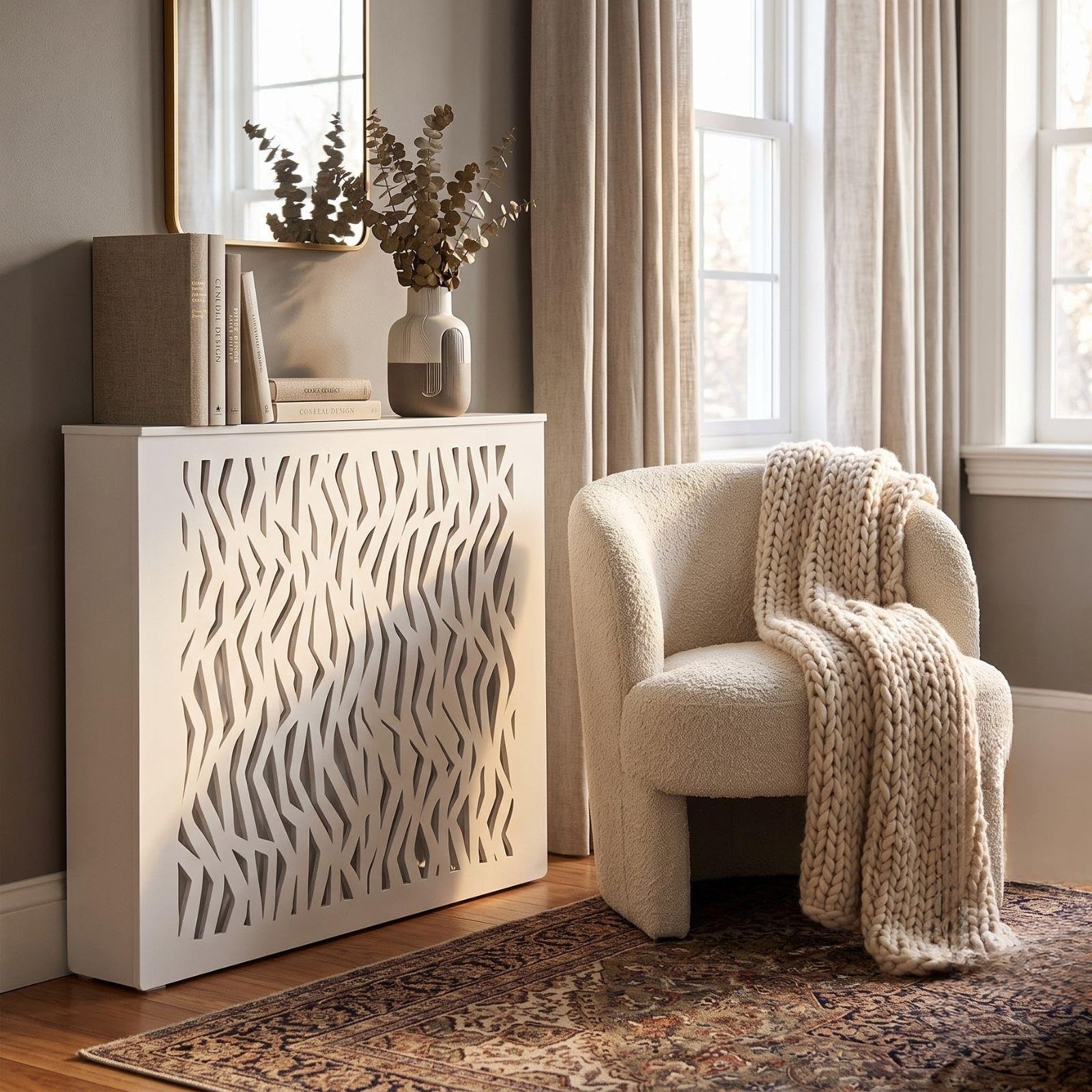 Cubierta de Radiador Blanco, Cubre Radiador Moderno con Estante y Listones