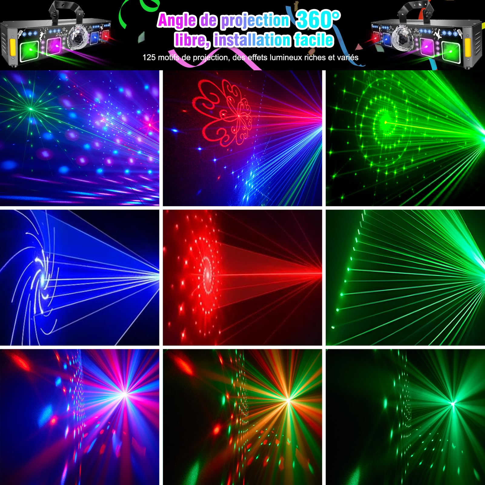 Fwiull 6-en-1 Jeux de Lumière Soiree Professionnel avec Télécommande, Effets RGB UV avec Stroboscope Doré, Contrôle DMX et Sonore, Lampe de Scène pour Fête, DJ, Club, Halloween, Noël