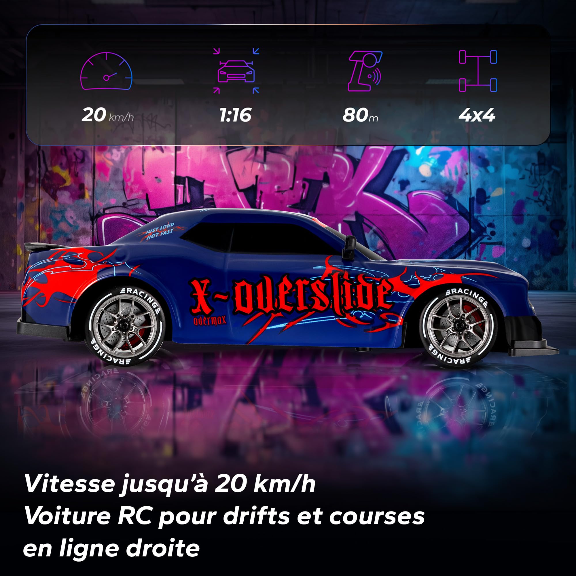Overmax X-OVERSLIDE Voiture RC Drift Télécommandée, Voiture pour Enfants 8+, 1:16, 20 km/h Portée jusqu'à 80 m, 4WD, 2 Batteries 500 mAh, Roues et Obstacles, Boîtier Supplémentaire