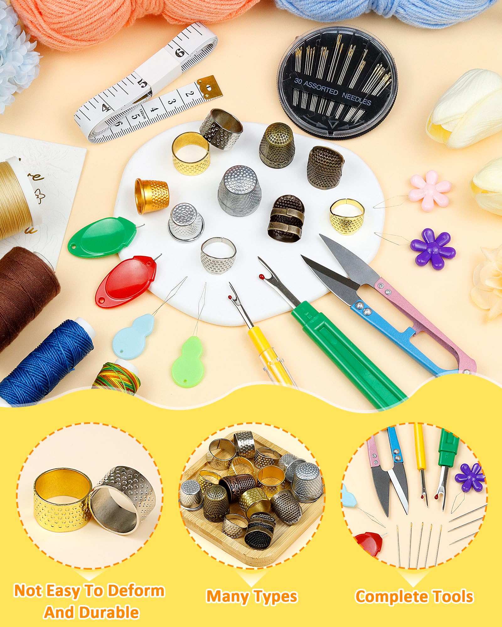 FIVEIZERO Kit de dedales: dedales de costura para coser a mano, protectores de dedos de metal, anillo de dedal para acolchado, incluye enhebrador de agujas, agujas de bordar, desgarrador de costuras,