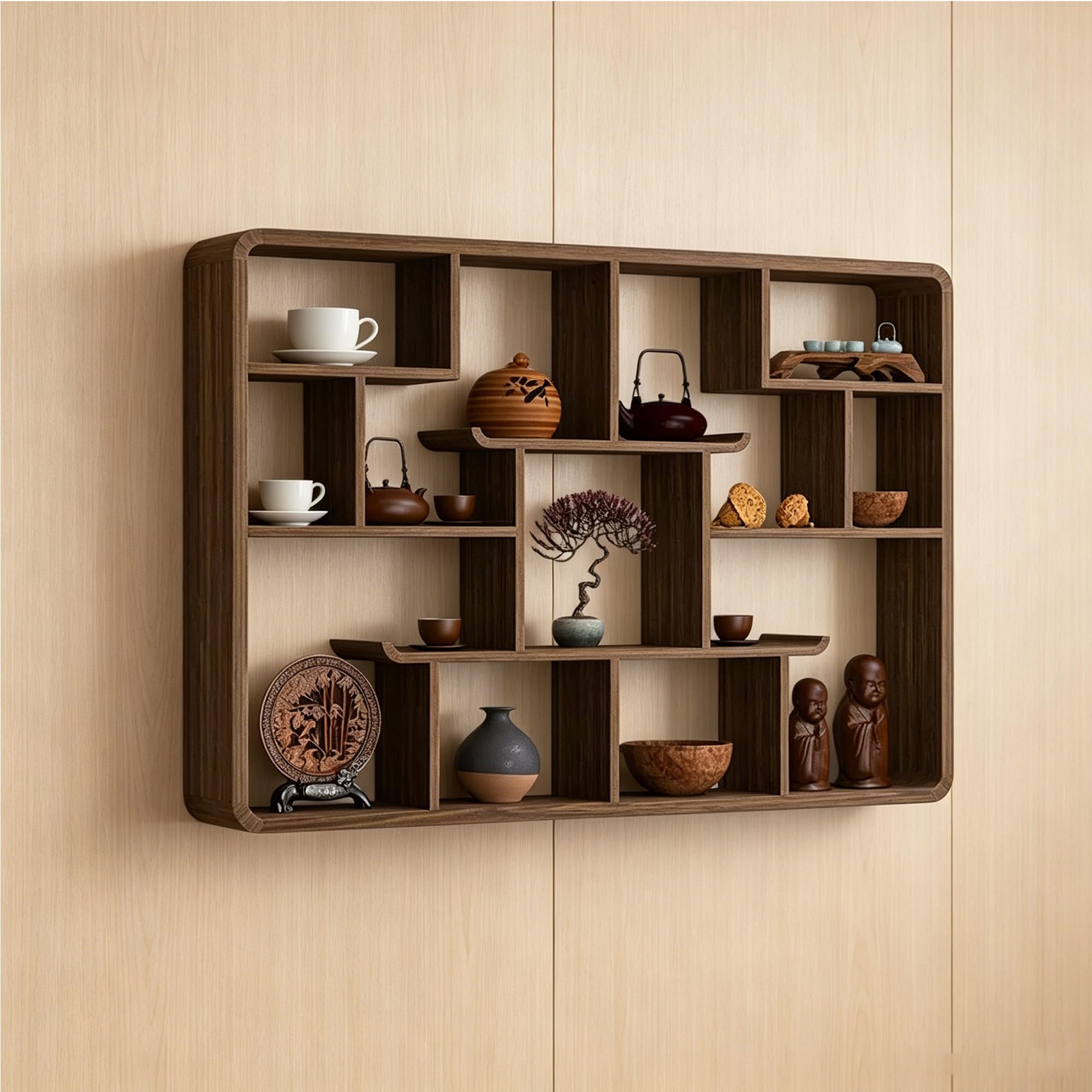 Étagère murale en bois géométrique pour créer un coin bibliothèque cozy