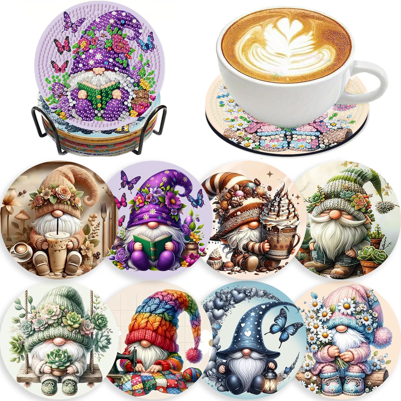 8 PCS Gnome Diamond Art Coasters-Gnomes Diamond Painting Coasters Kits with Holder, DIY Gnome Coasters Kit with Cork Bases for Adults Beginners as