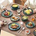 Vancasso Starry Ensembles de assiettes et de bols,12 Pièces Ensembles de vaisselle vert pour cuisine, Ensemble de vaisselle moderne en grès pour 4,Lave-vaisselle et micro-ondes sans danger