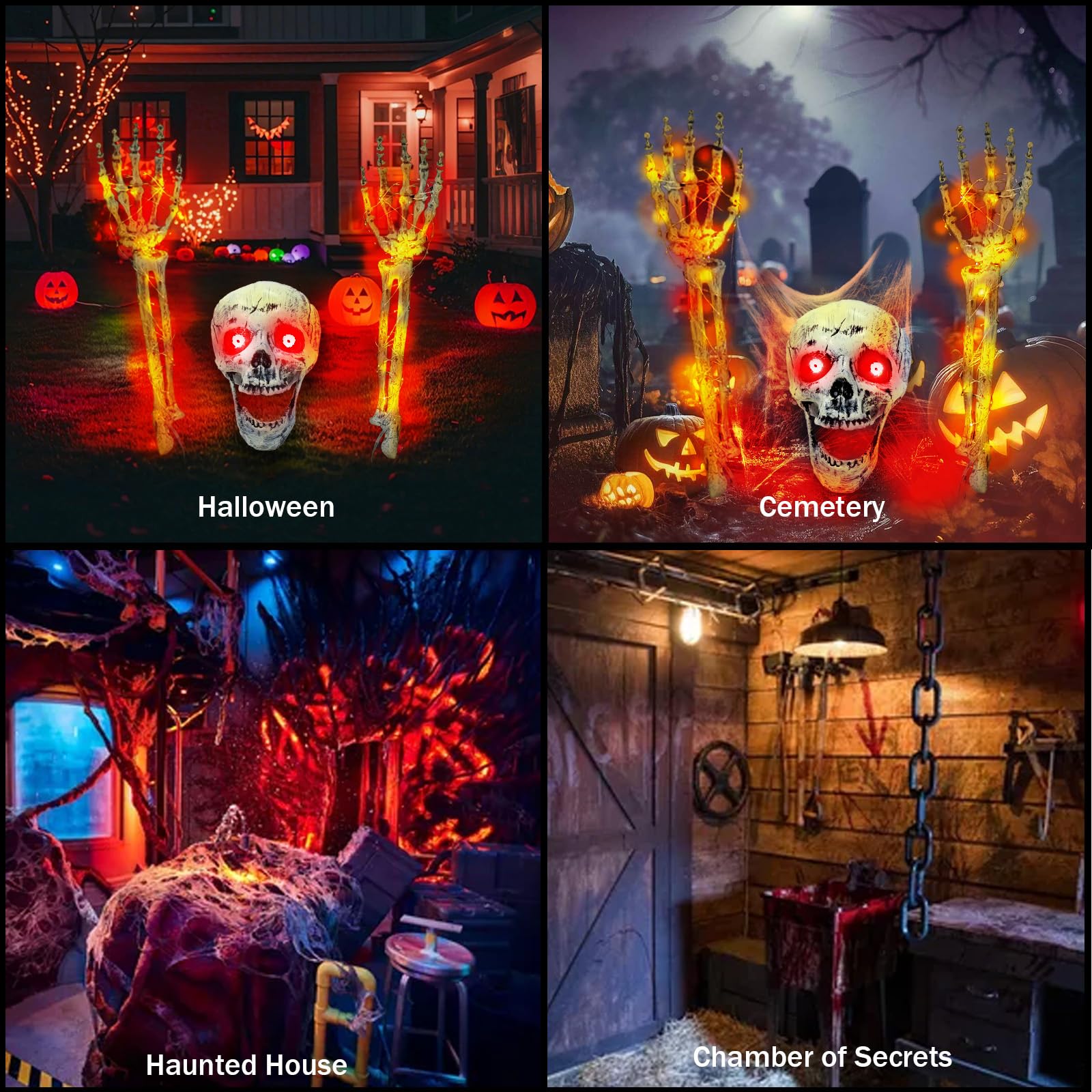 Halloween LED-Skelett Set – Leuchtender Totenkopf & 2 Hände, Gruselige Friedhofs-Deko Für Garten & Party
