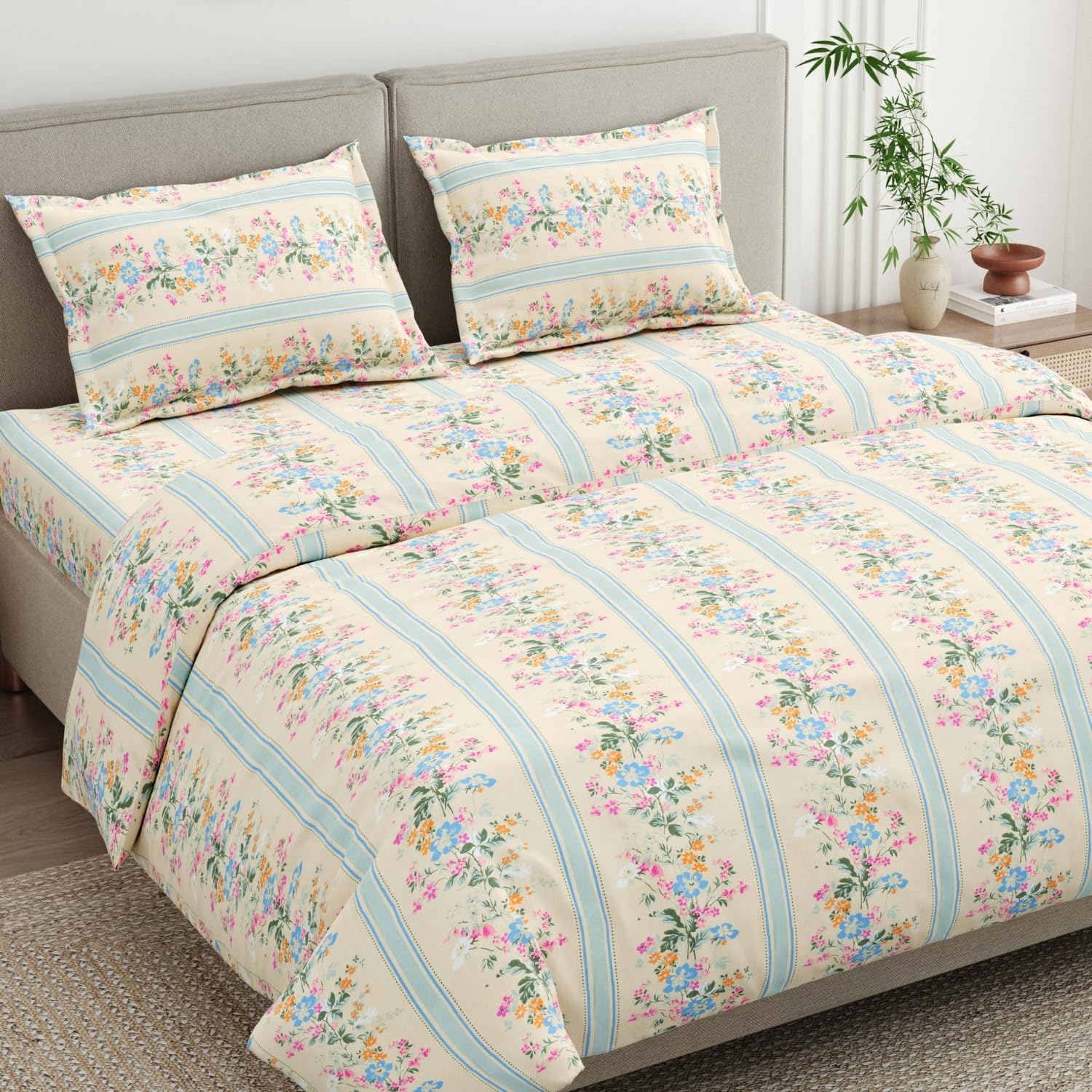 haus & kinder Bedsheets for King Size Bed |100% Combed Cotton 186 TC Fitted Bedsheet King Size | 72 X 78 X 10 Inches Elastic Bed Sheet with 2 Pillow Covers – Serenade of Flowers-picture-23