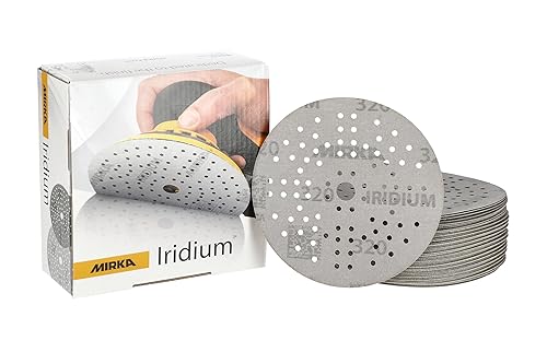 Miniatura 1 de Mirka Papel de lija Iridium Premium Ø 5 pulgadas Hook & Loop, grano 320, 50 piezaspara lijado de pintura, masilla, imprimación, madera, acero,