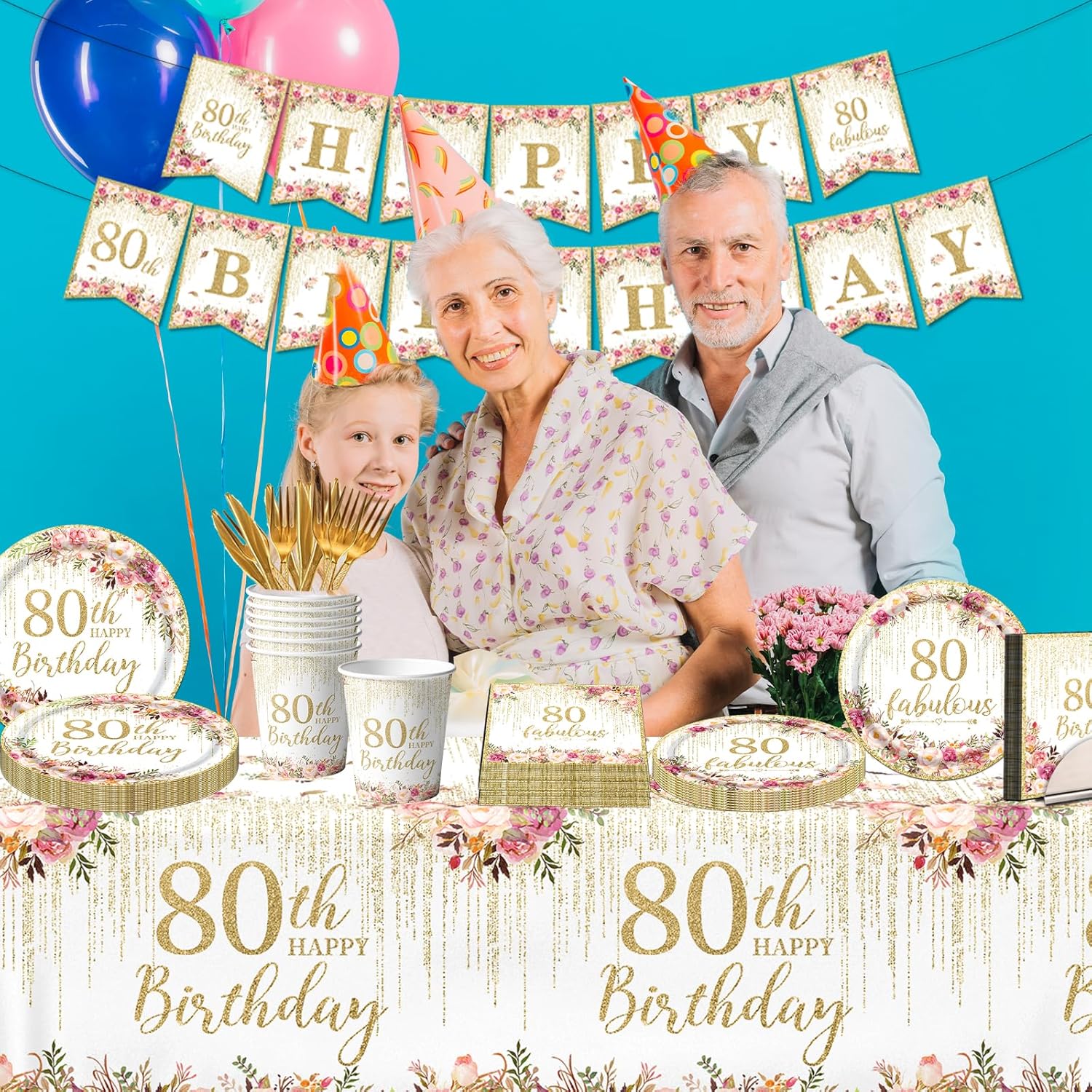 80th Birthday Party Tableware, 142Pcs Rose Gold 80th Birthday Decorations Includes 80th Birthday Plates and Napkins,Tablecloth,Cup,80 and Fabulous Banner,80th Birthday Decorations for Women - Image 6