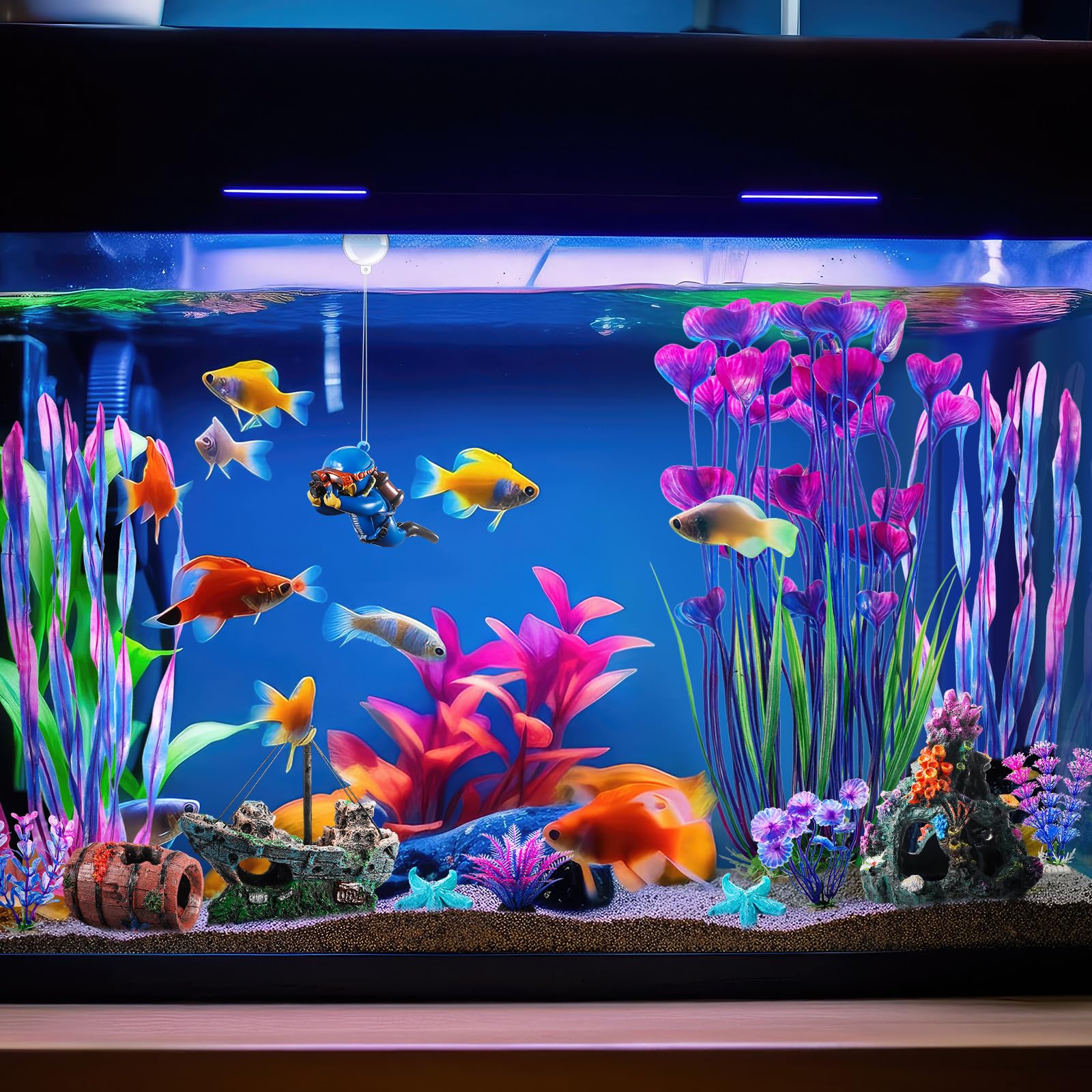 Zeyune Aquarium-Dekoration, Bergdekoration, gebrochenes Fass versunkenes Schiff, künstliche Meeresalgen, Wasserpflanzen, buntes Korallenriff für Fischschale, Dekoration, Aquarium, 15 Stück