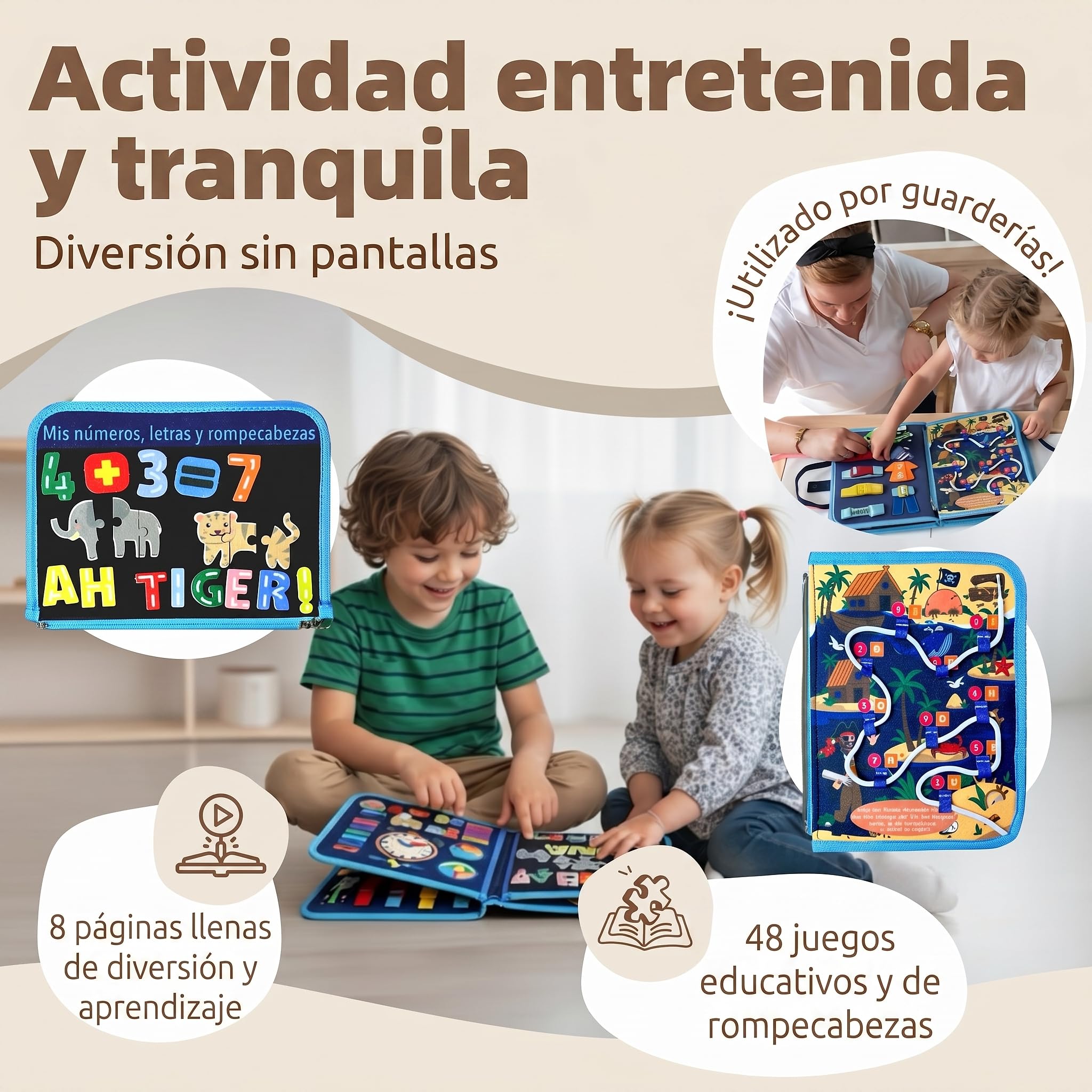 Mallie® Montessori Busy Board en Español para 1 2 3 años con Juego de rol y Marionetas – Busy Board, Libro Montessori 1 Año, Busy Book, Libro Sensorial Bebe 1 Año, Libro Montessori 2 Años