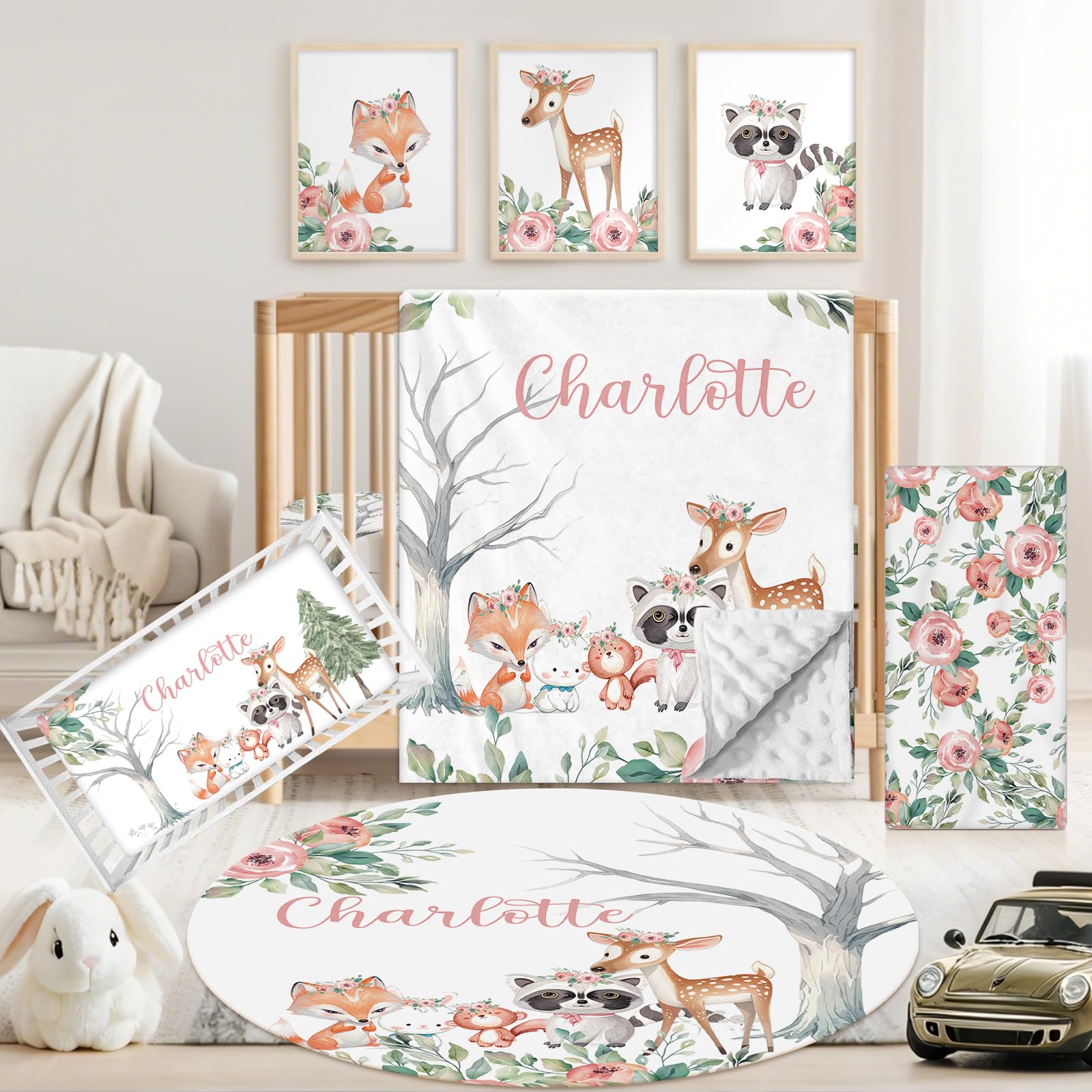 Sunamd Personalized Baby Crib Bedding Set, 5 Pcs Custom Name Nursery Bedding Set for Girls Boys, Pink Forest Animals Baby Crib Set for Toddlers Infants, Double Layer Bedding Crib Sets Customized Gifts