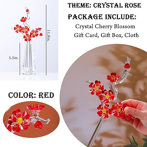 Miniatura 3 de Flores de cristal de cerezo rojo con tallos, flores de vidrio con jarrones, cereza japonesa, regalos de decoración para esposa, novia, mujer,