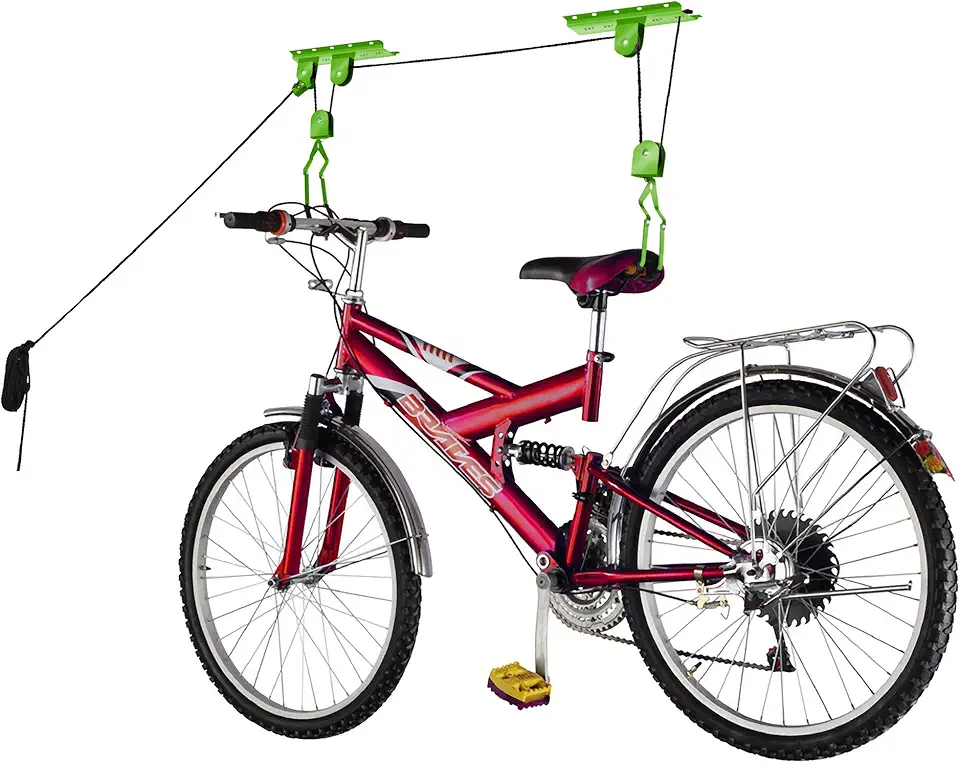 Suporte para bicicleta – Sistema de polia aérea com capacidade de 45 kg para bicicletas e escadas – Armazenamento seguro no teto da garagem da Rad Sportz, verde