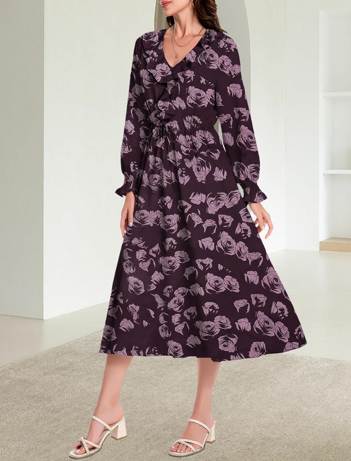 Womens Boho Maxi Dress Floral Dress Long Sleeve Ruffle V Neck Flowy Spring Casual Beach Vacation Long A Line Dresses - Image 3