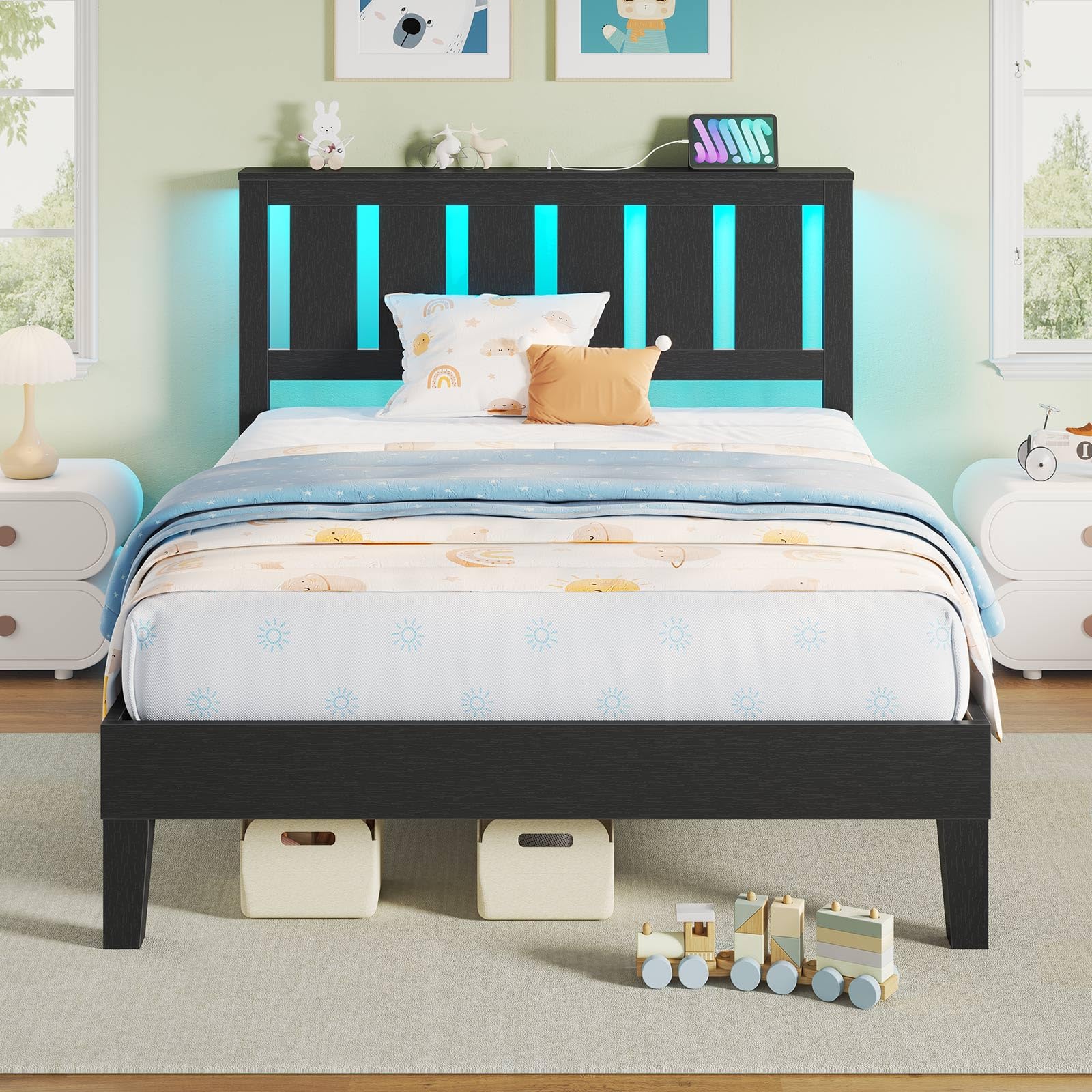 Rolanstar Twin Bed Frame with Headboard, Charging Station and LED Lights, Wooden Bed Frame Foundation with Wood Slat Support, No Box Spring Needed,