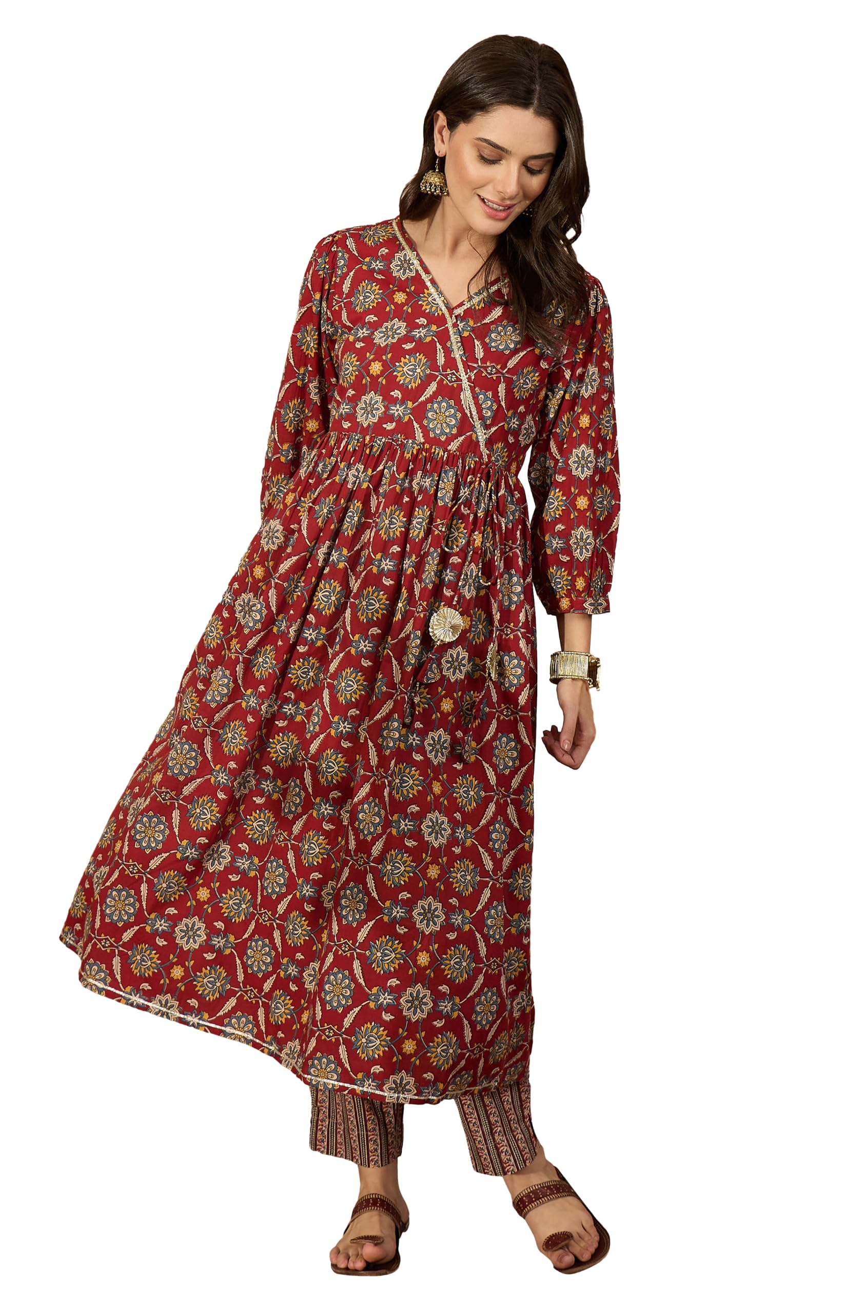 janasya Women's Maroon Pure Cotton Floral Printed A-Line Wrap Kurta with Pant Set-picture-26