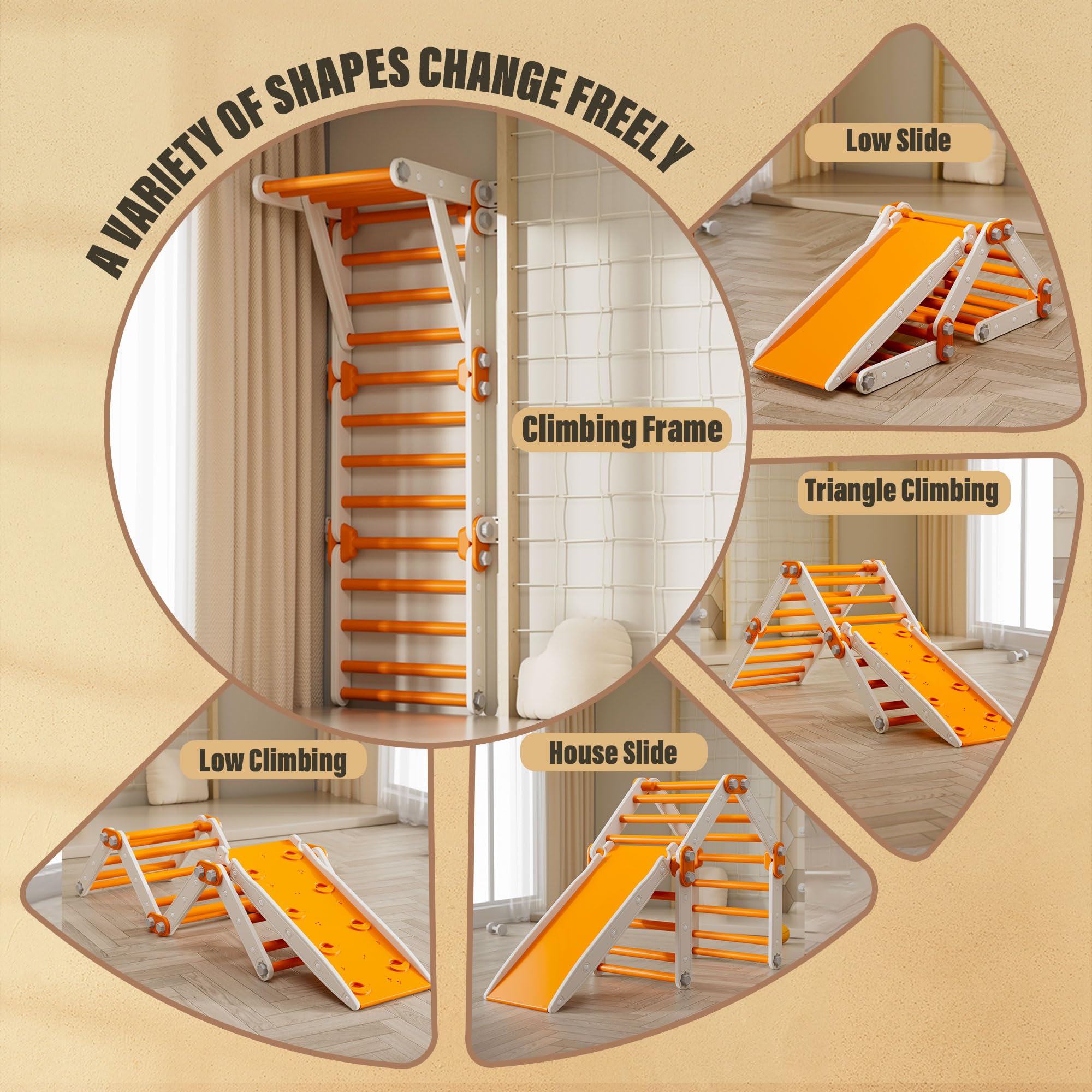 Juguetes de escalada compatibles con diapositivas, juego de triángulos Pikler para niños, multifunción plegable para interiores (naranja) 3