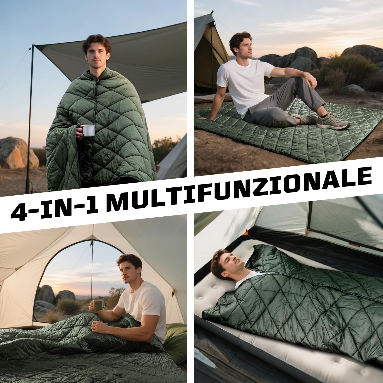 1TG Tactical Coperta da Campeggio 4-in-1 Ultraleggera 0.96kg/1.22kg | Impermeabile, Termica e Compatta | Per Trekking, Auto, Emergenza | Trasformabile in Sacco a Pelo e Poncho